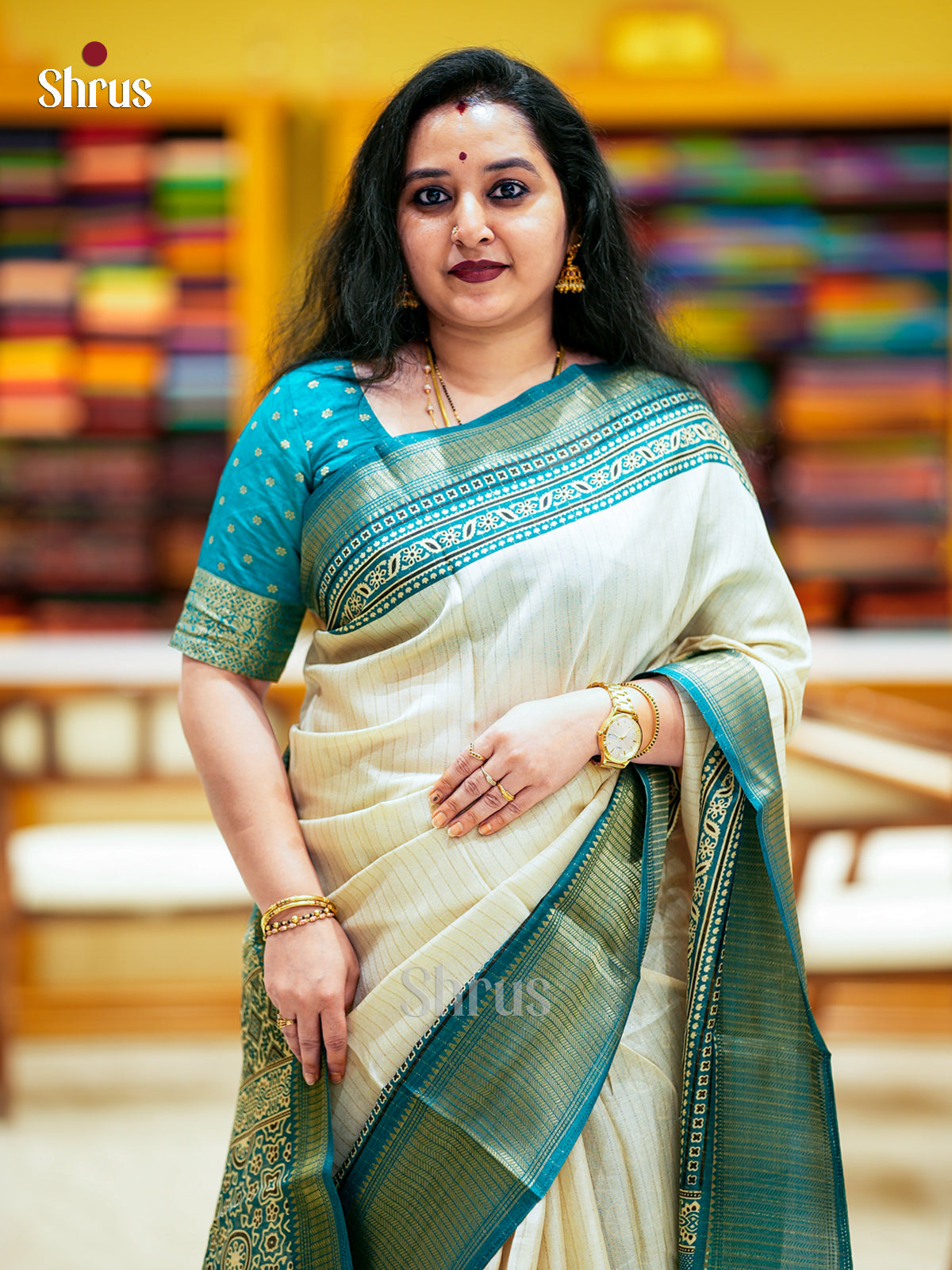 Cream & Green - Semi Crepe - Saree - EAS30461