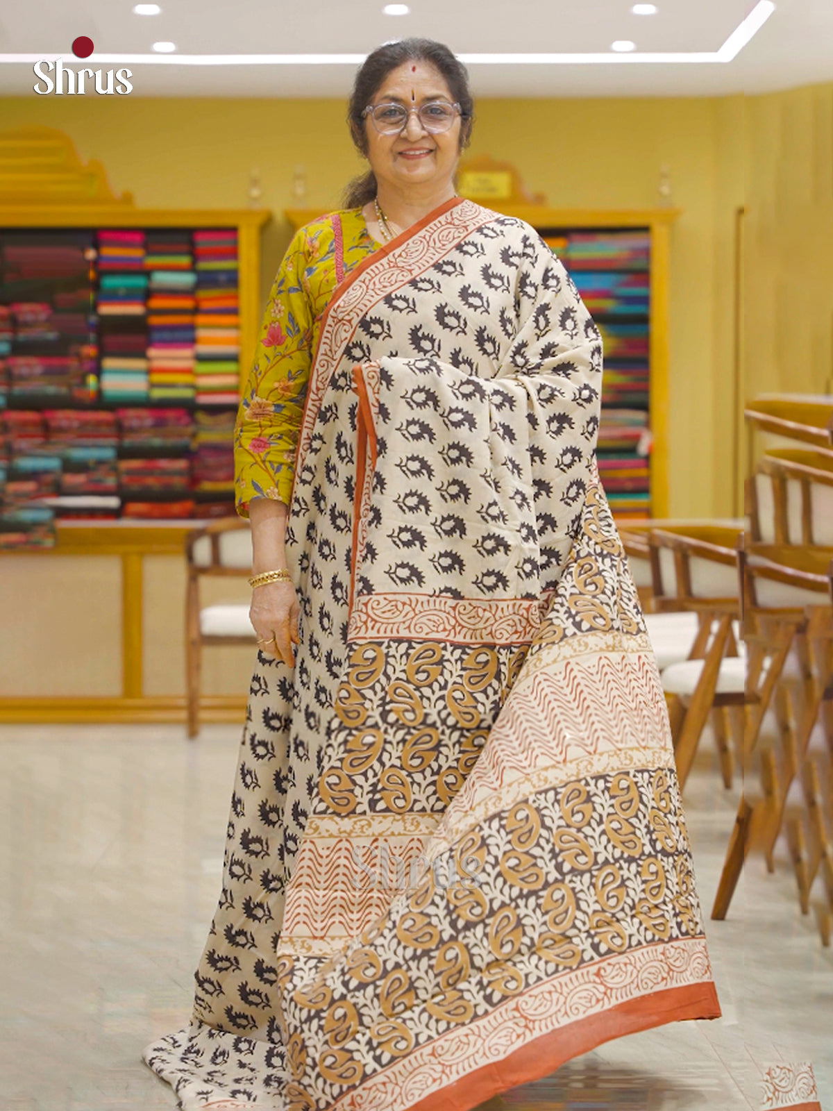 Cream & Orange - Jaipur cotton Saree - EES19086