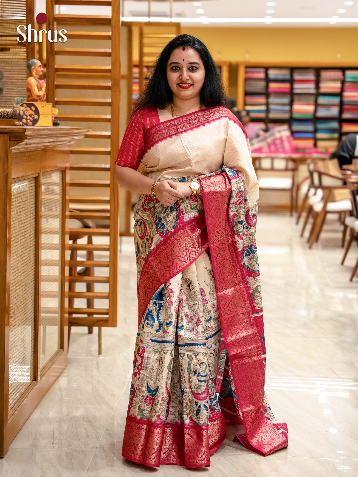 Cream & pink - Semi Tussar Saree - Shop on Shrus.com