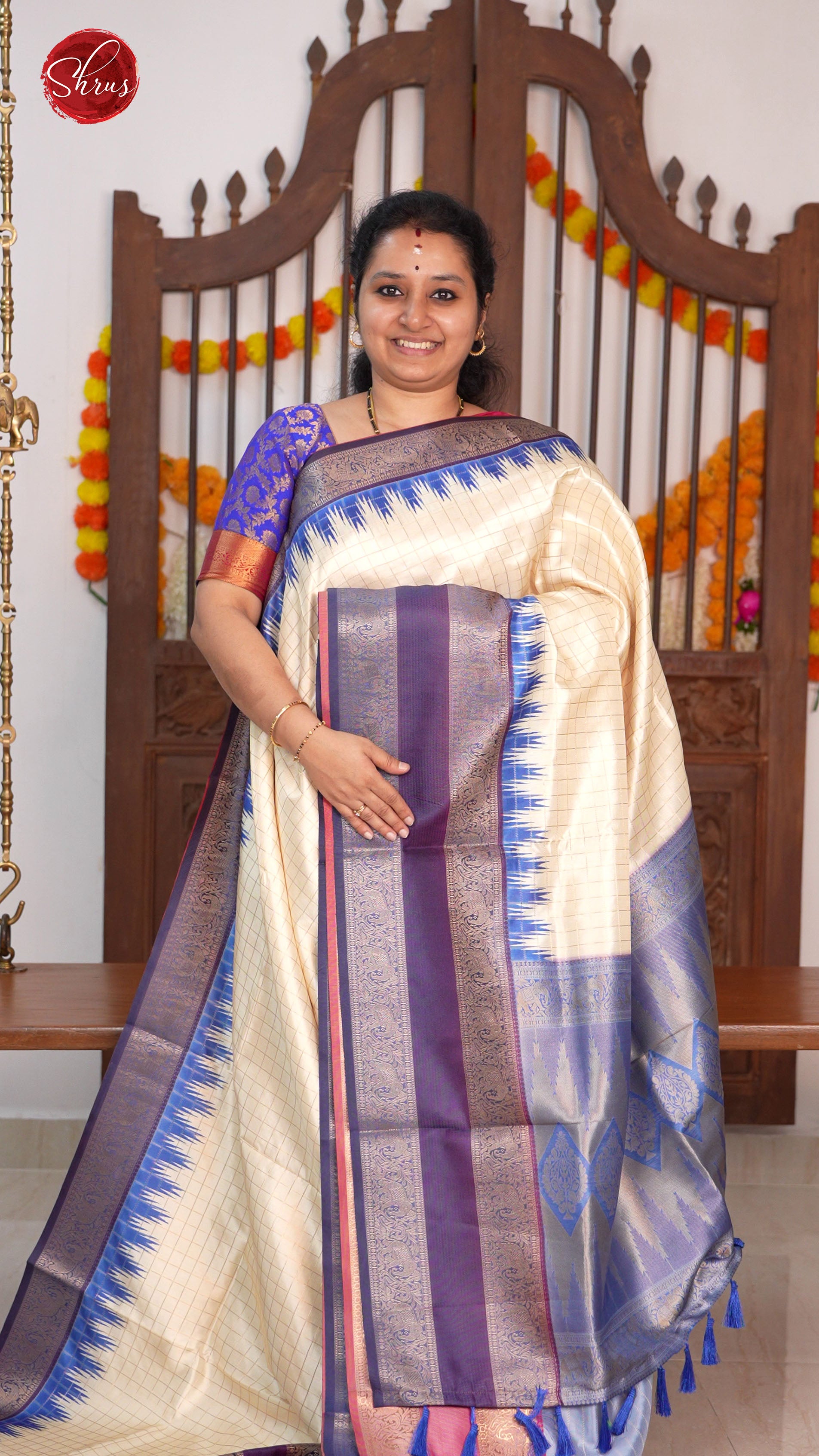 Cream And Blue - Semi dupion Saree - Shop on ShrusEternity.com