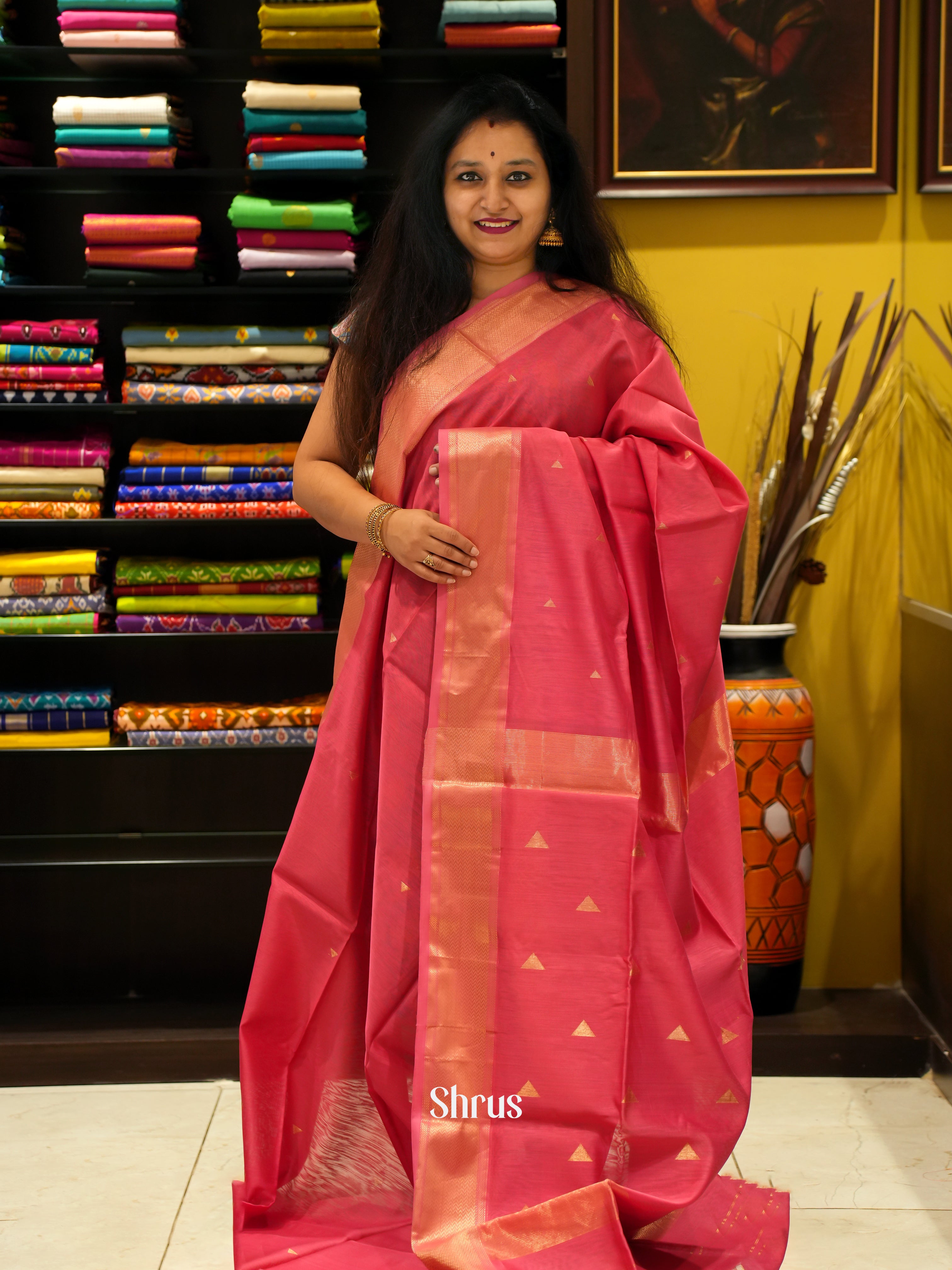 Pink(Single Tone)- Maheshwari silkcotton Saree - Shop on ShrusEternity.com