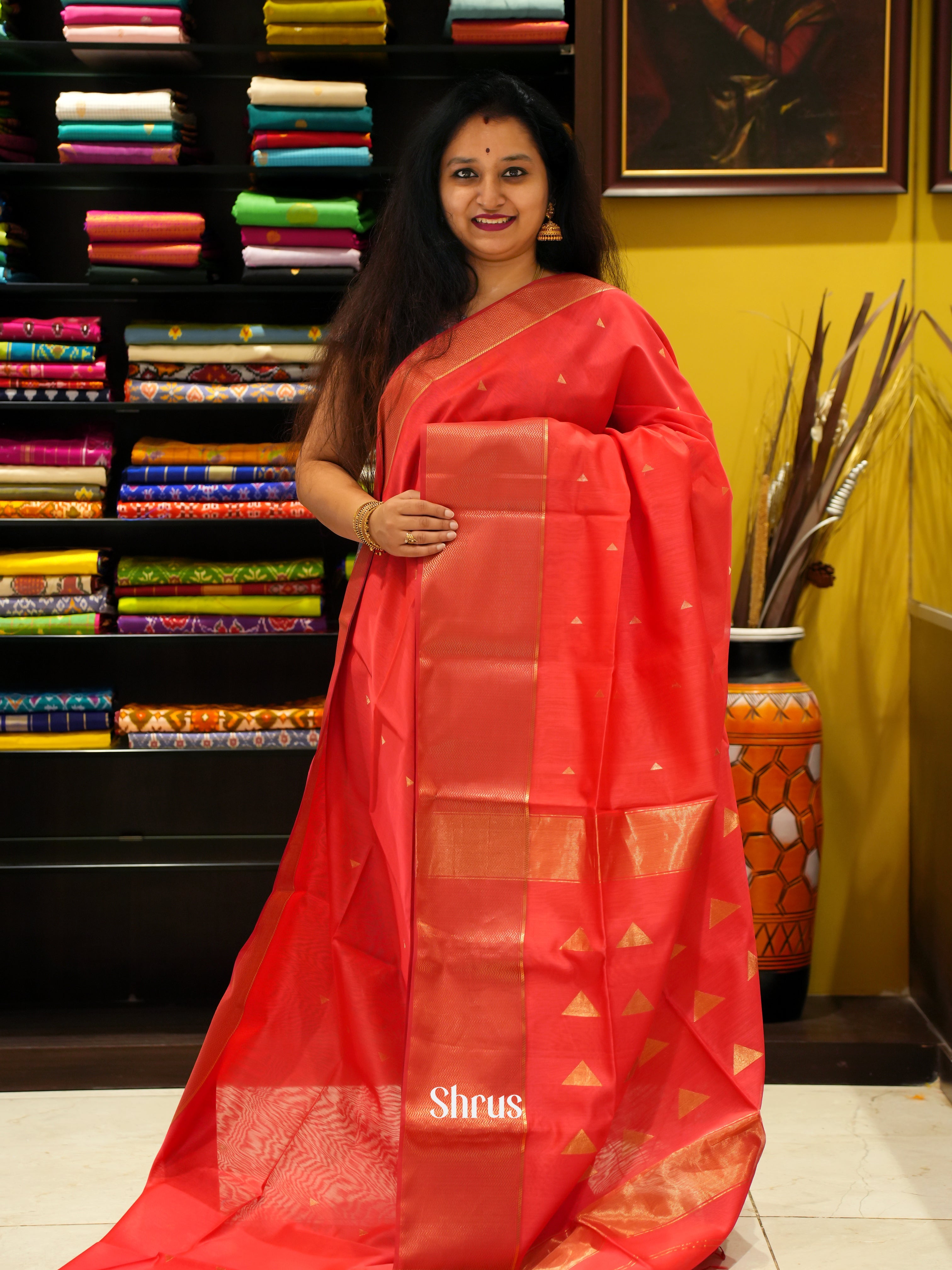 Red(Single Tone) - Maheshwari silkcotton Saree - Shop on ShrusEternity.com