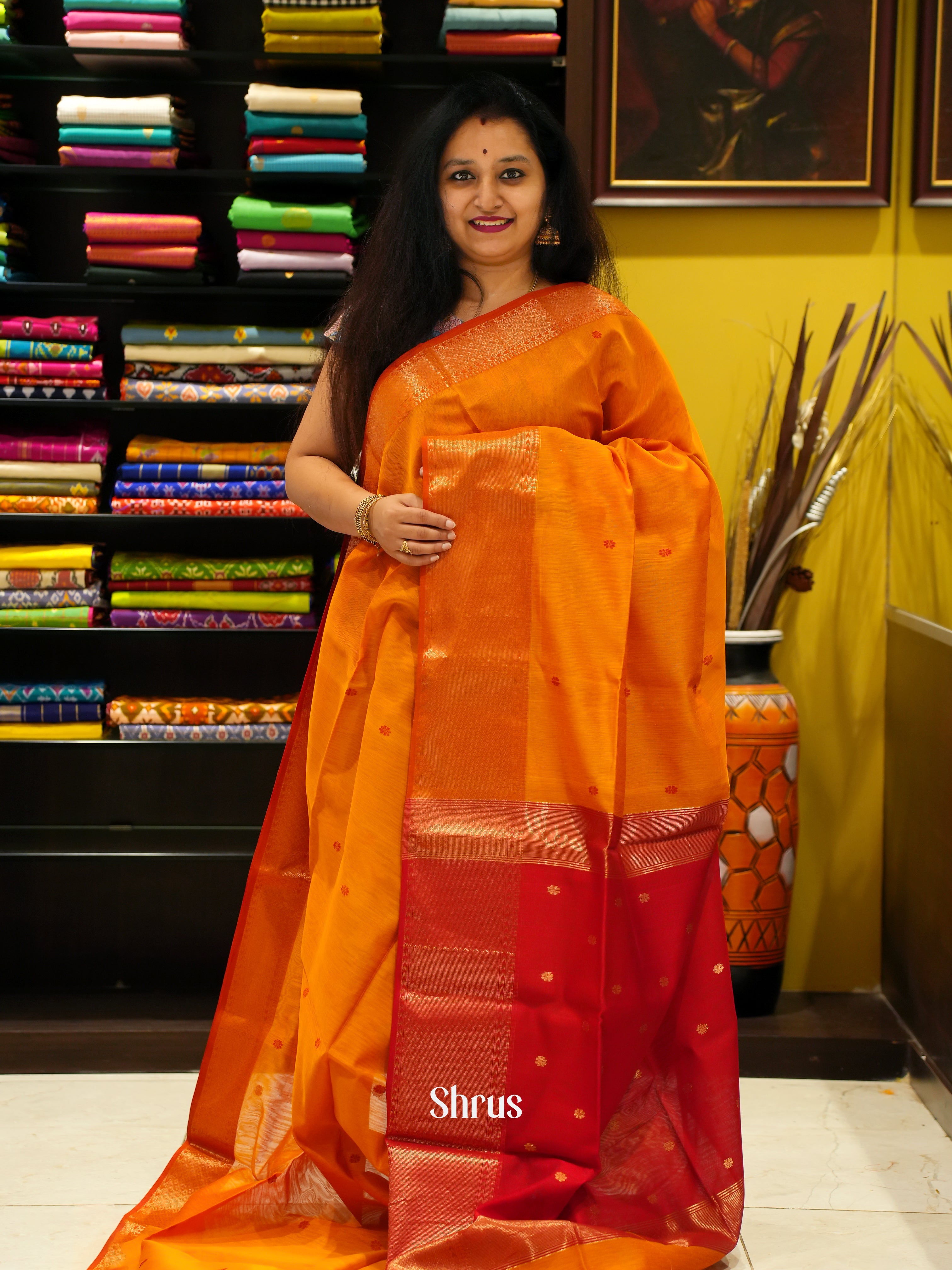 Orange And Red- Maheshwari Silk Cotton Saree - Shop on ShrusEternity.com