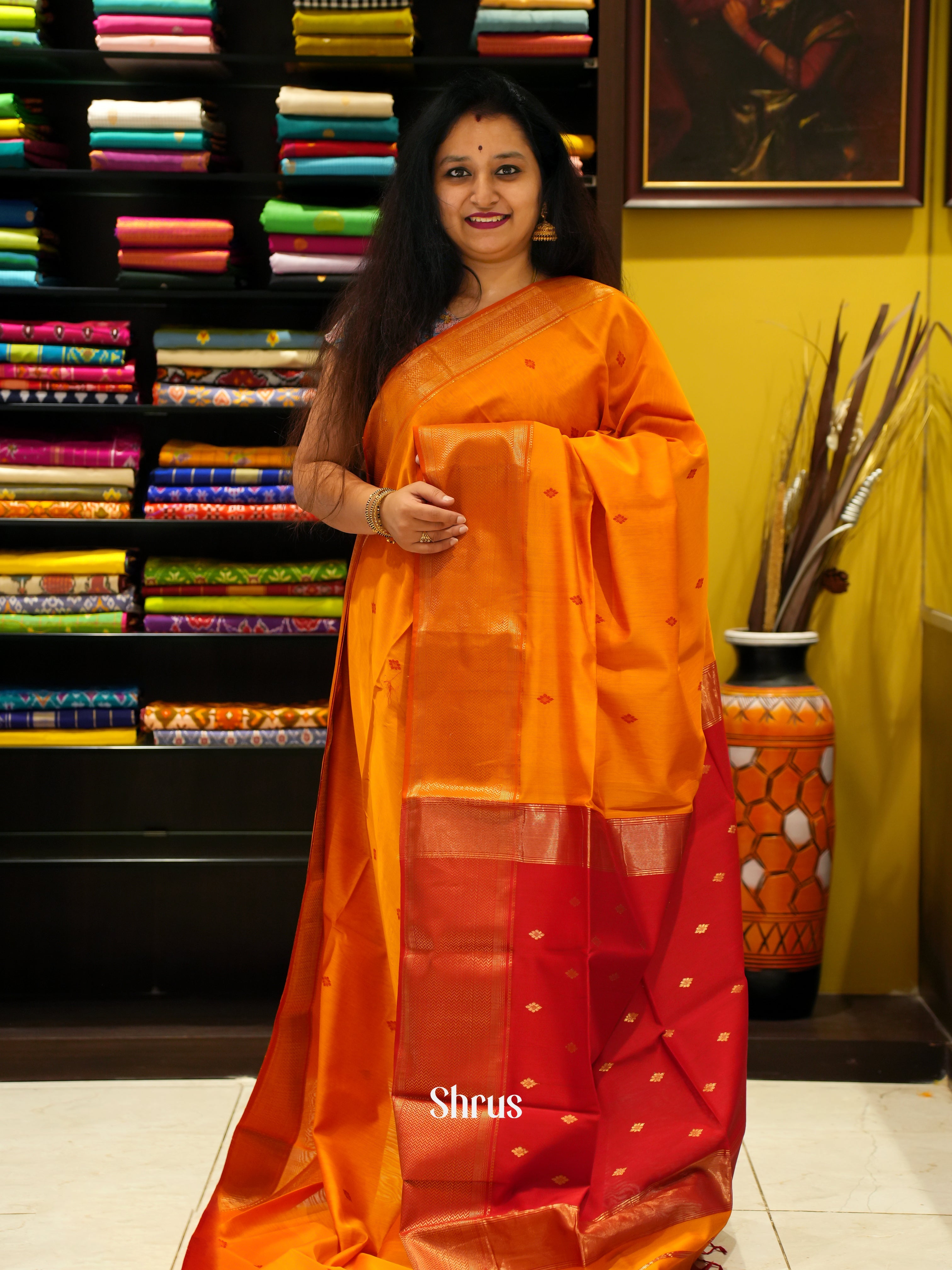 Orange And Red- Maheshwari Silk Cotton Saree - Shop on ShrusEternity.com