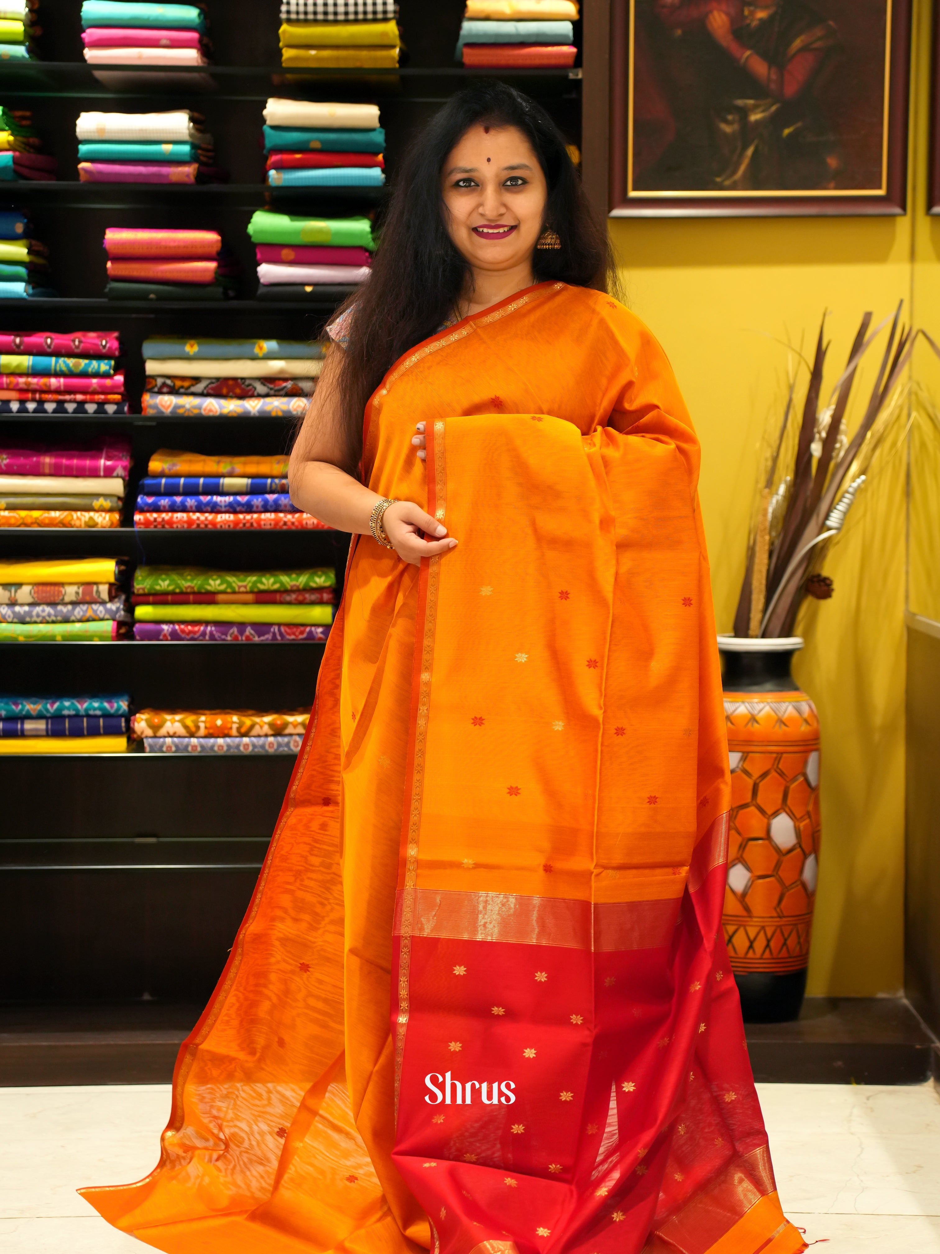 Fire Orange And Red- Maheshwari Silk Cotton Saree - Shop on ShrusEternity.com