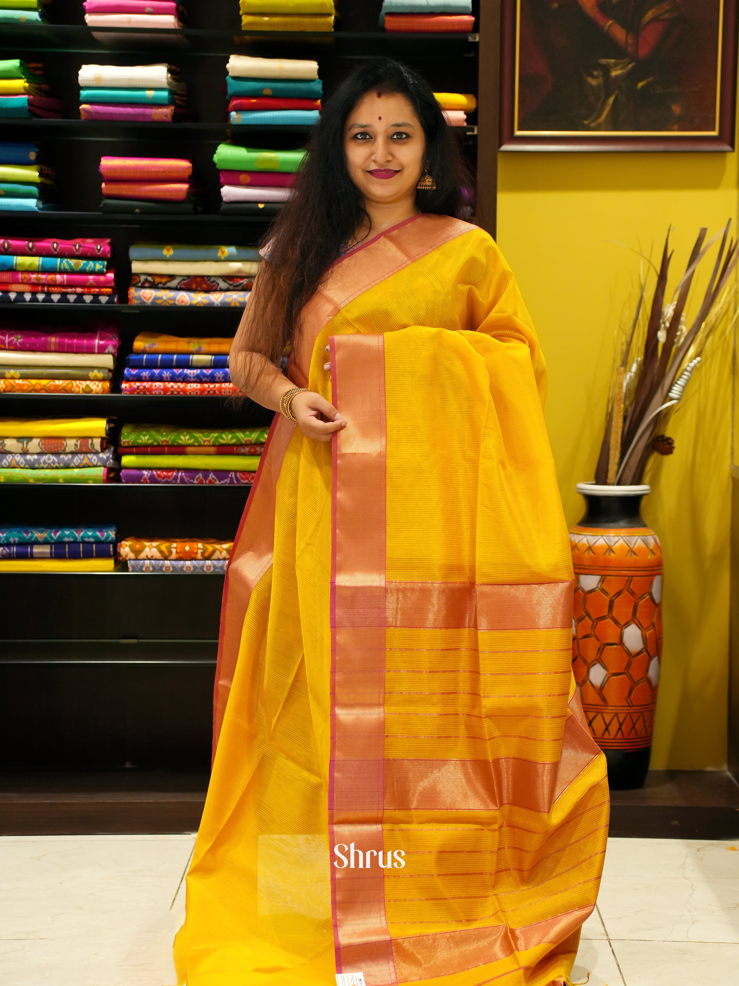 Yellow & Red - Maheshwari Silk Cotton Saree - Shop on ShrusEternity.com