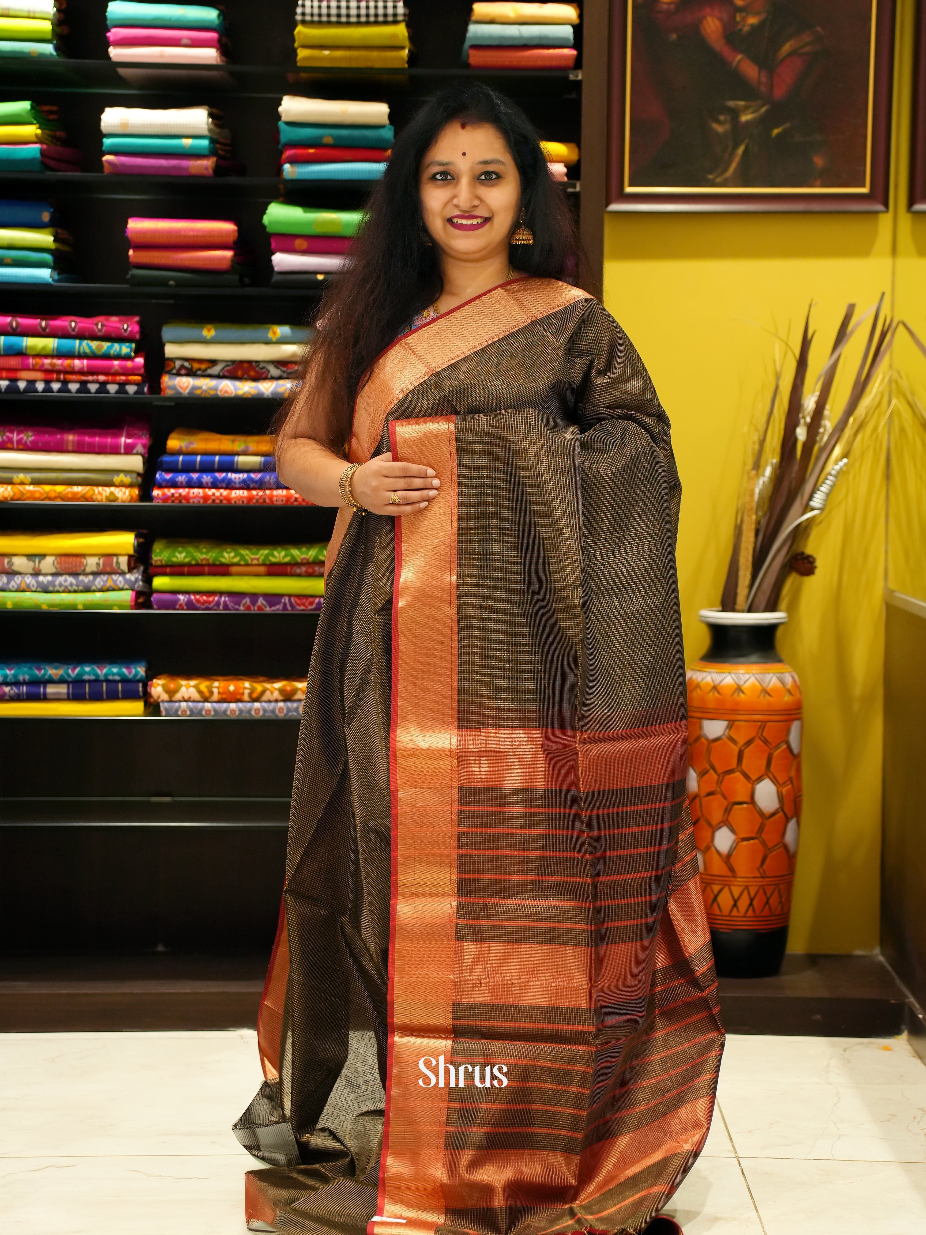 Black & Maroon - Maheshwari Silk Cotton Saree - Shop on ShrusEternity.com
