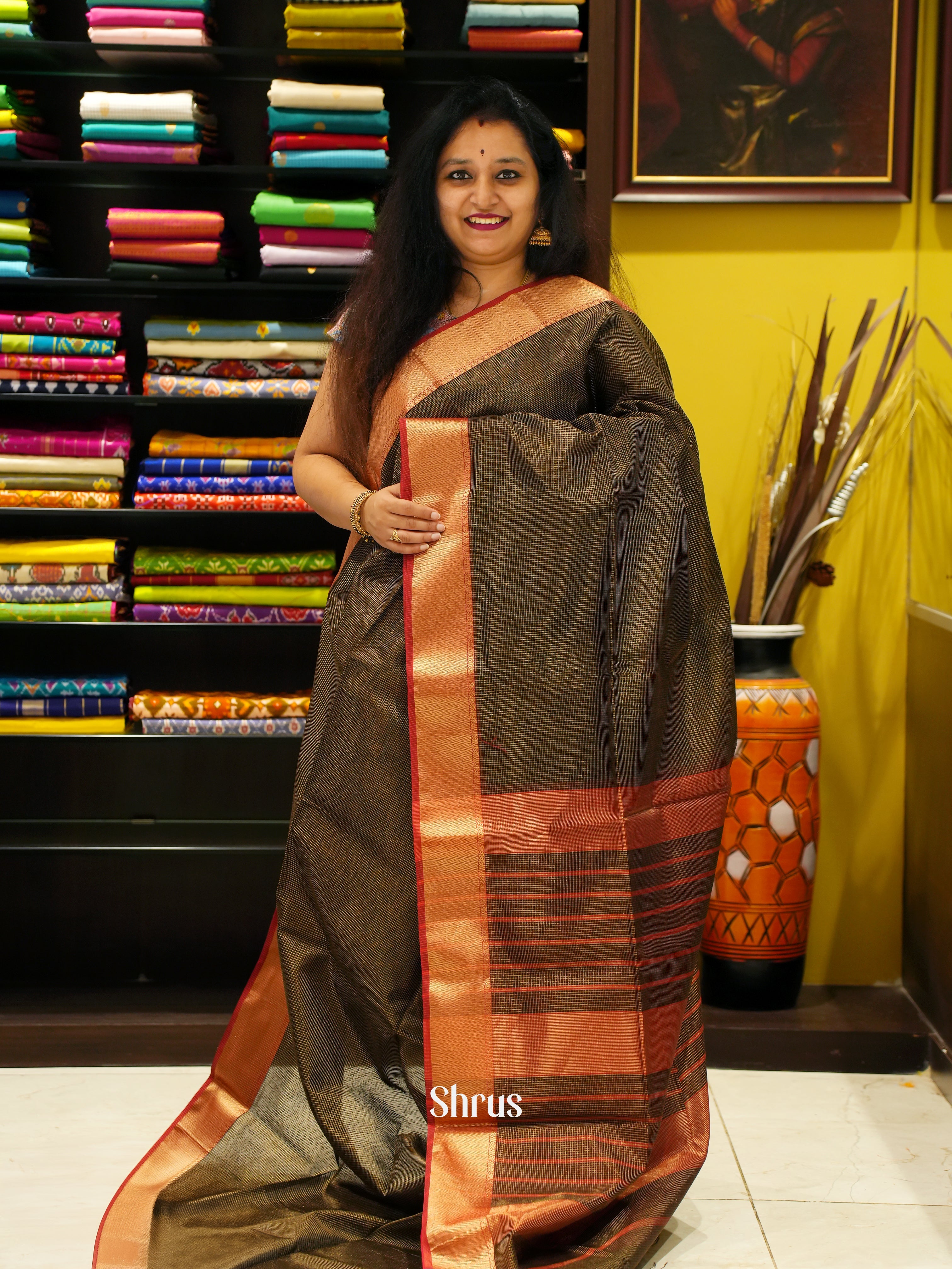 Black & Maroon - Maheshwari Silk Cotton Saree - Shop on ShrusEternity.com