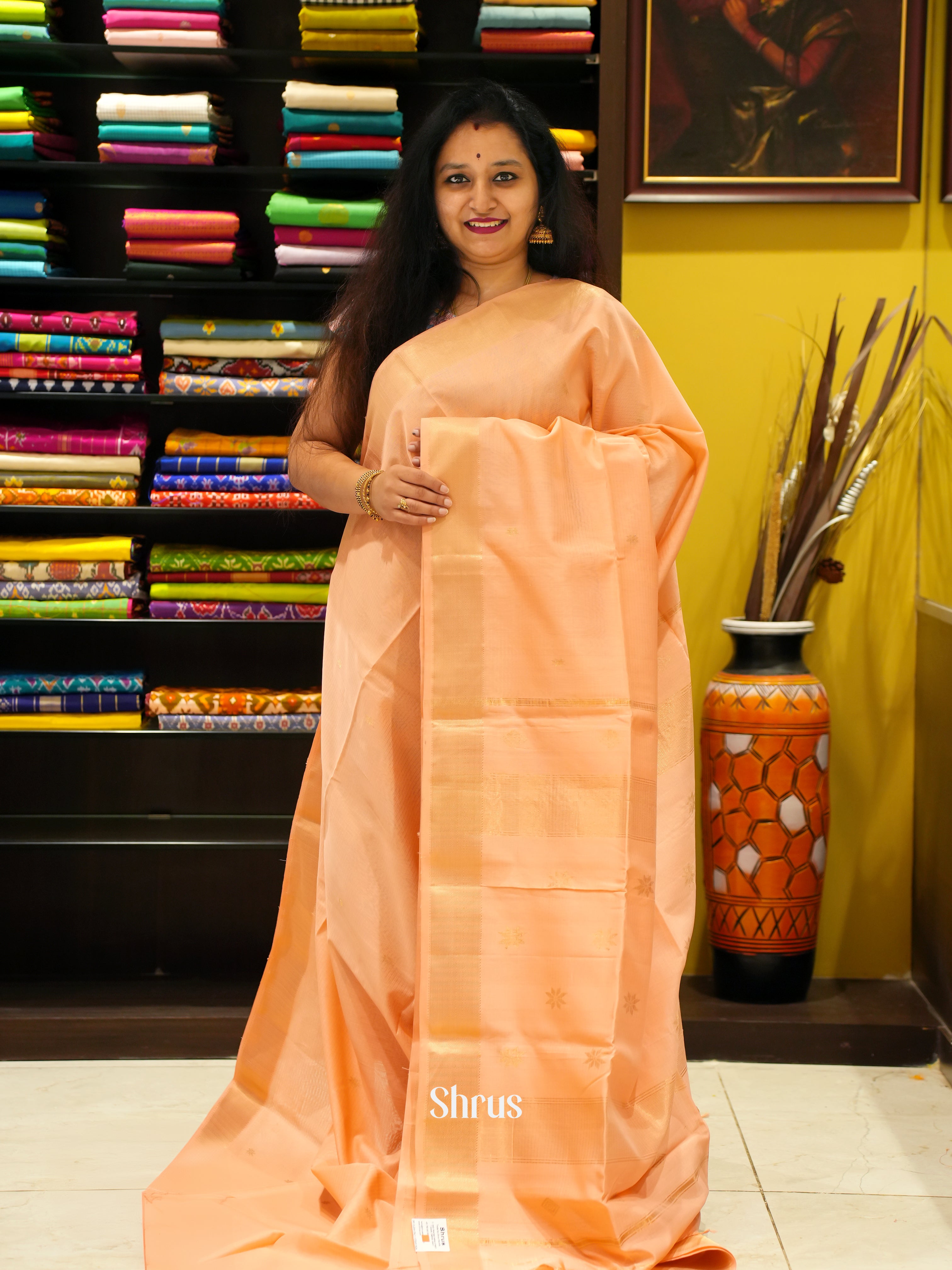 Peach (Single Tone) - Maheswari Silk Cotton Saree - Shop on ShrusEternity.com