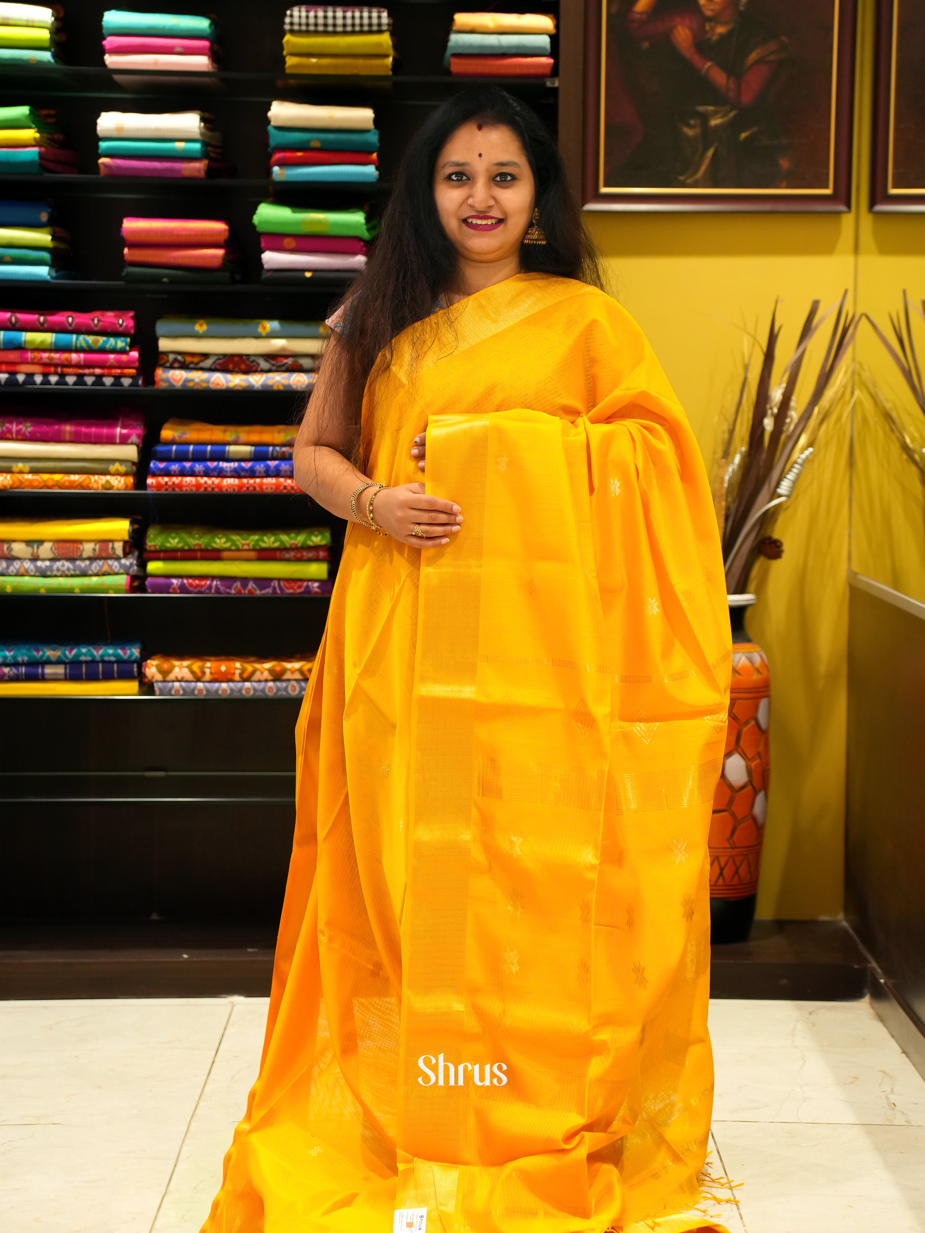 Yellow(Single Tone) - Maheshwari Silk Cotton Saree - Shop on ShrusEternity.com