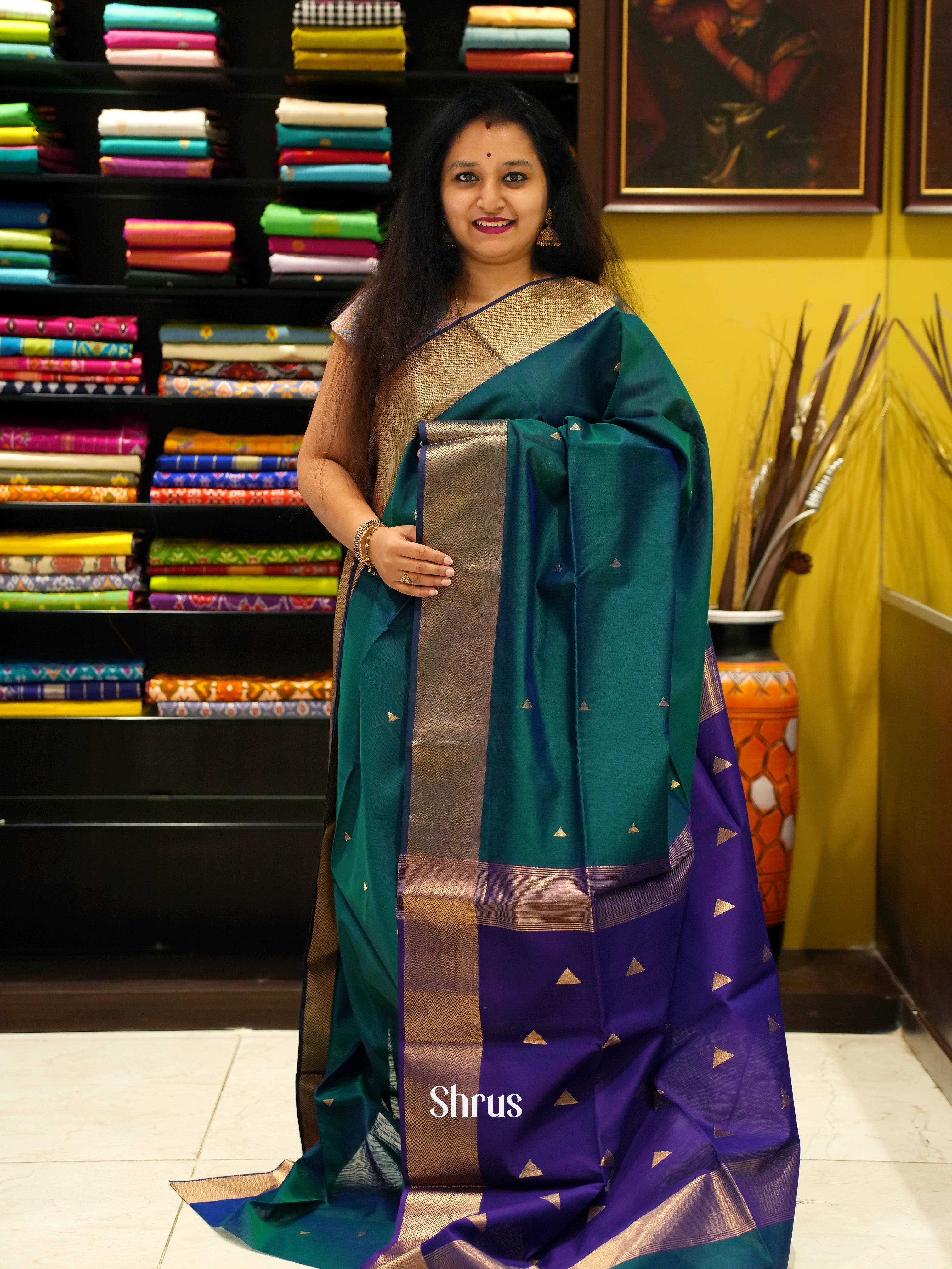 Peacock Green & Violet - Maheshwari Silk Cotton Saree - Shop on ShrusEternity.com
