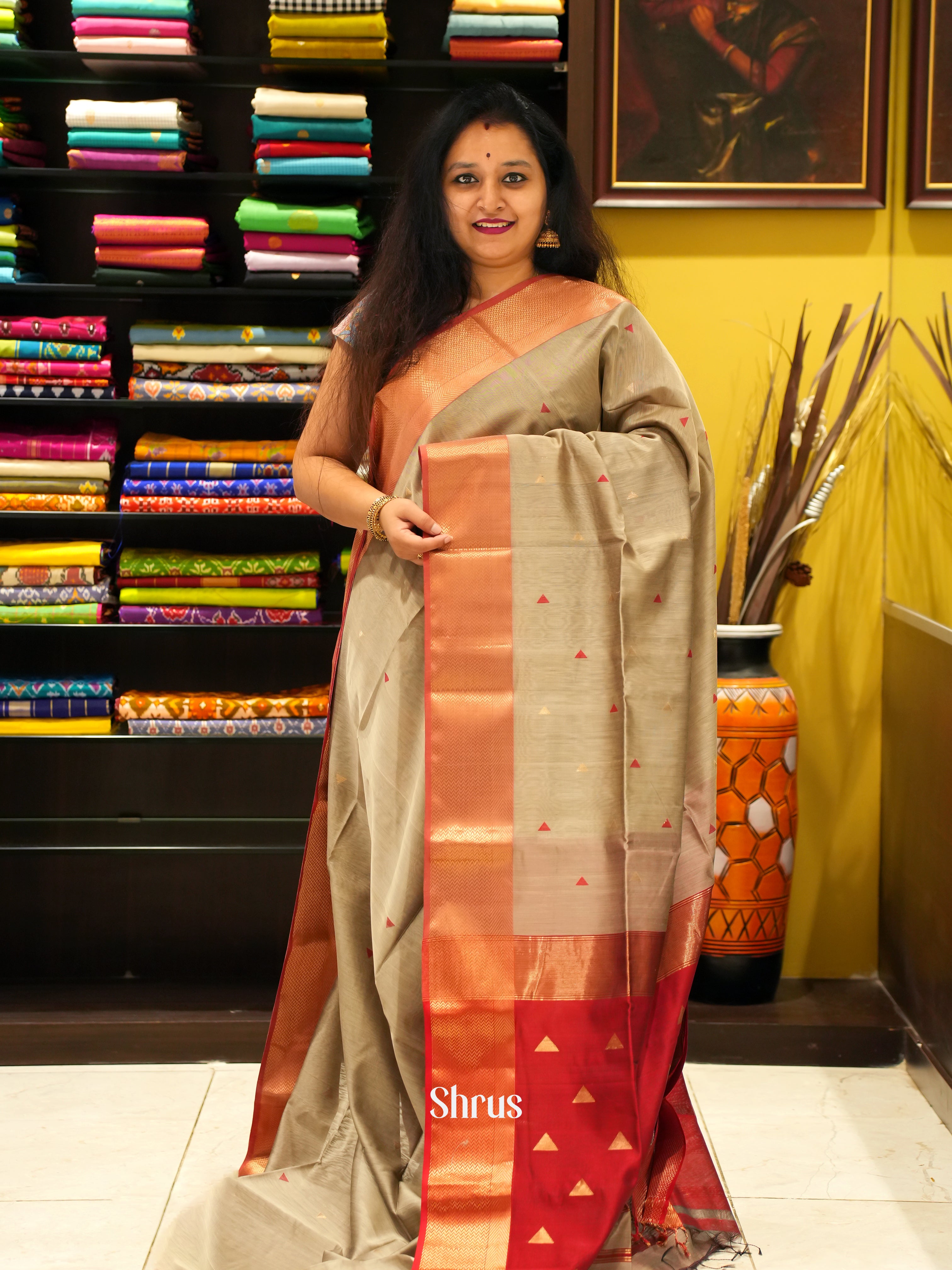 Grey & Red - Maheswari Silk Cotton Saree - Shop on ShrusEternity.com