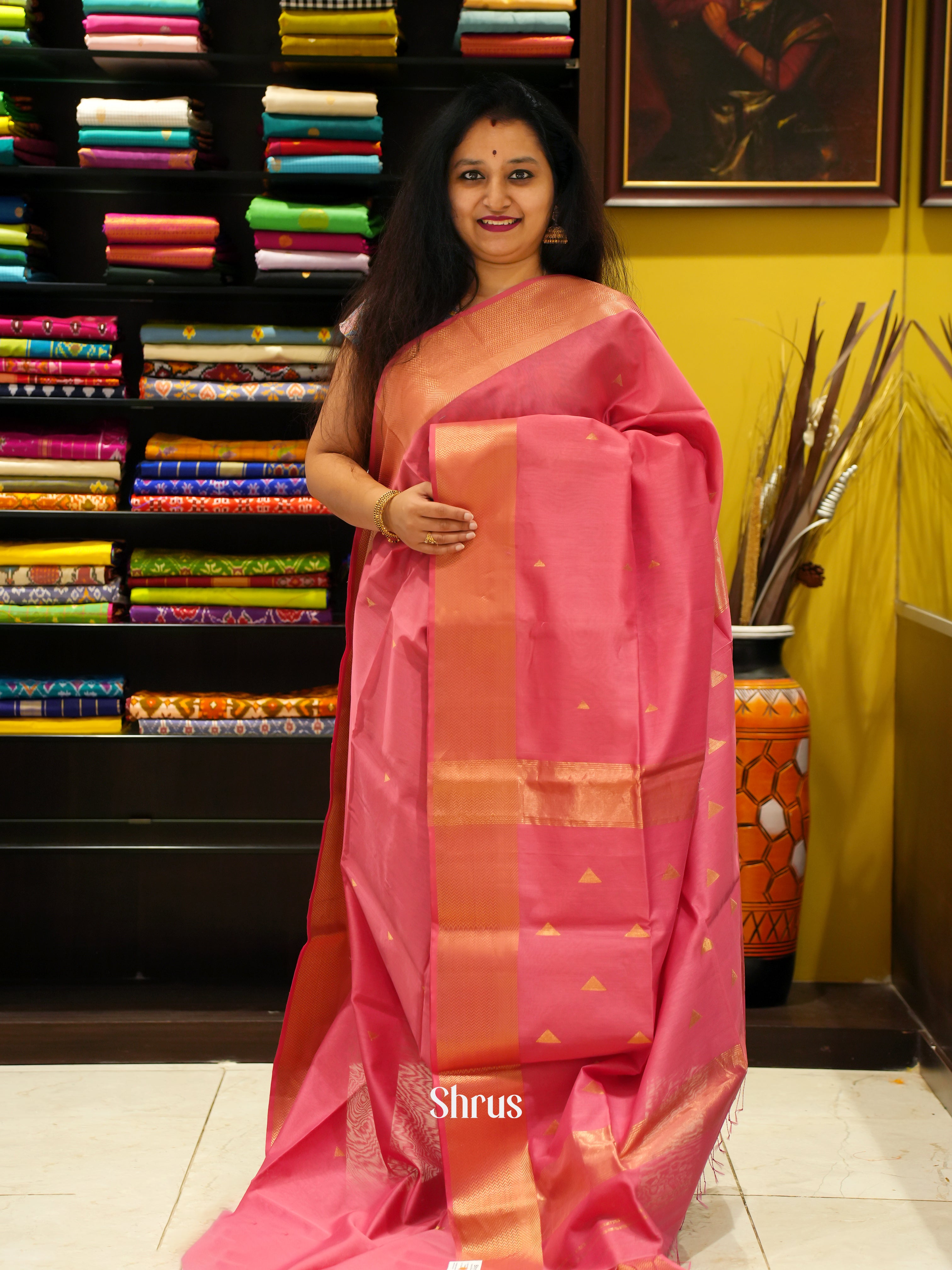 Pink(Single Tone)- Maheshwari Silk Cotton Saree - Shop on ShrusEternity.com