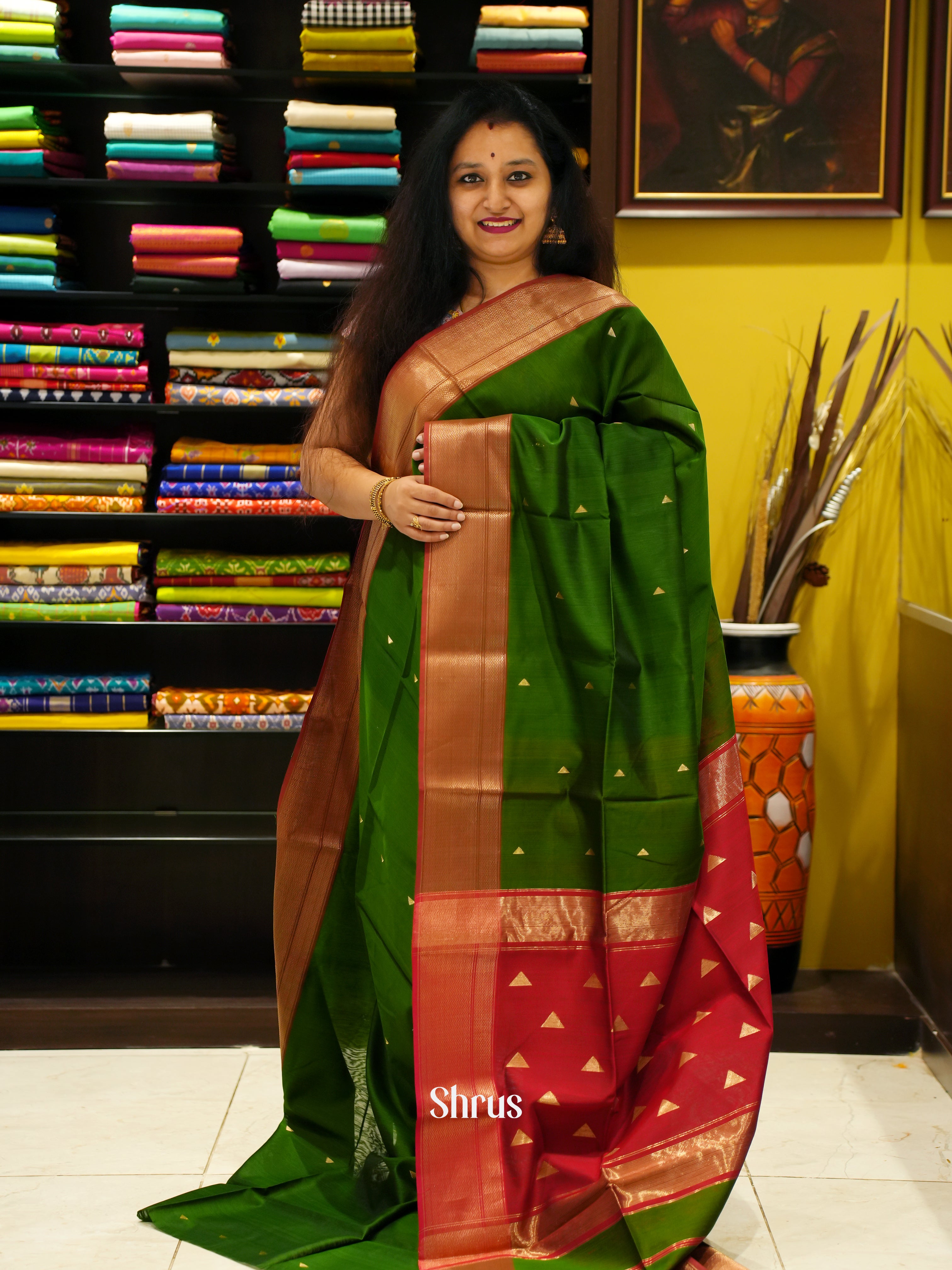 Green & Red - Maheshwari silk Cotton Saree - Shop on ShrusEternity.com