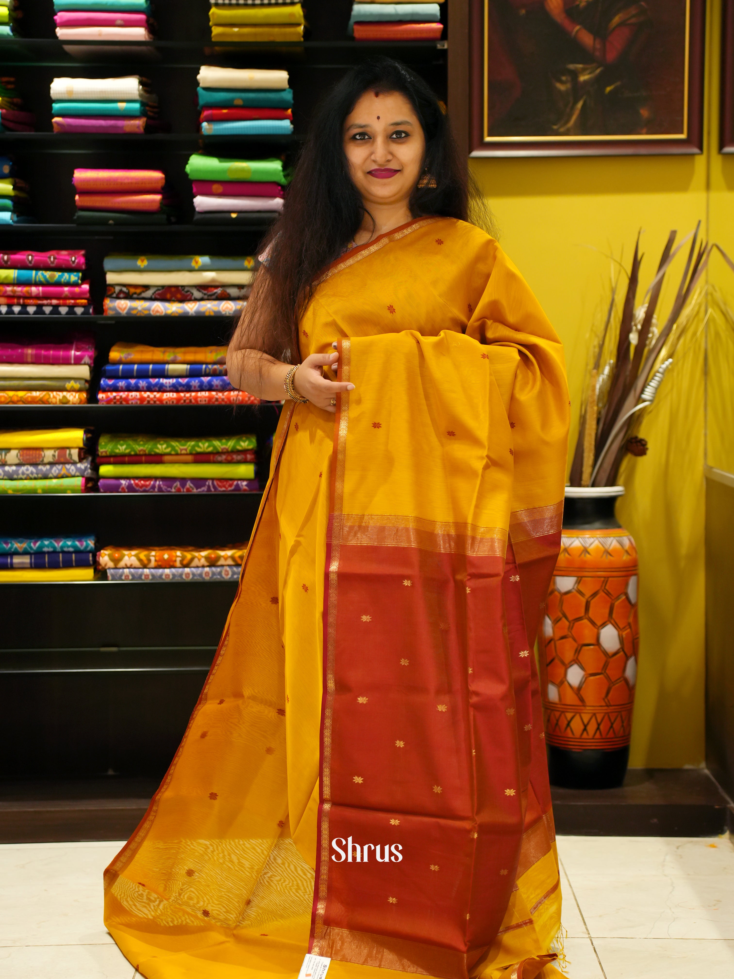 Mustard & Red - Maheshwari Silk Cotton Saree - Shop on ShrusEternity.com
