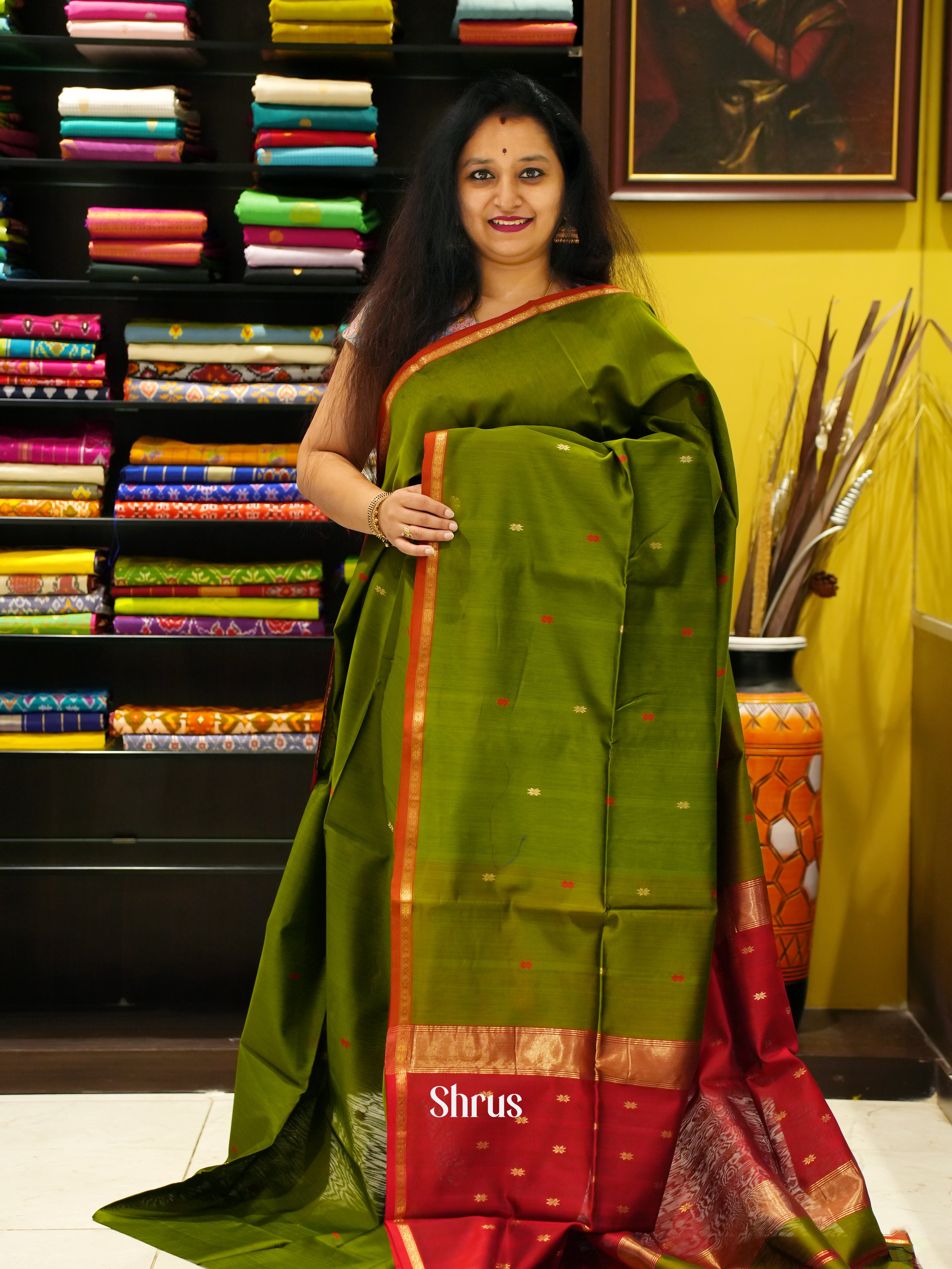 Green & Red - Maheshwari Silk Cotton Saree - Shop on ShrusEternity.com