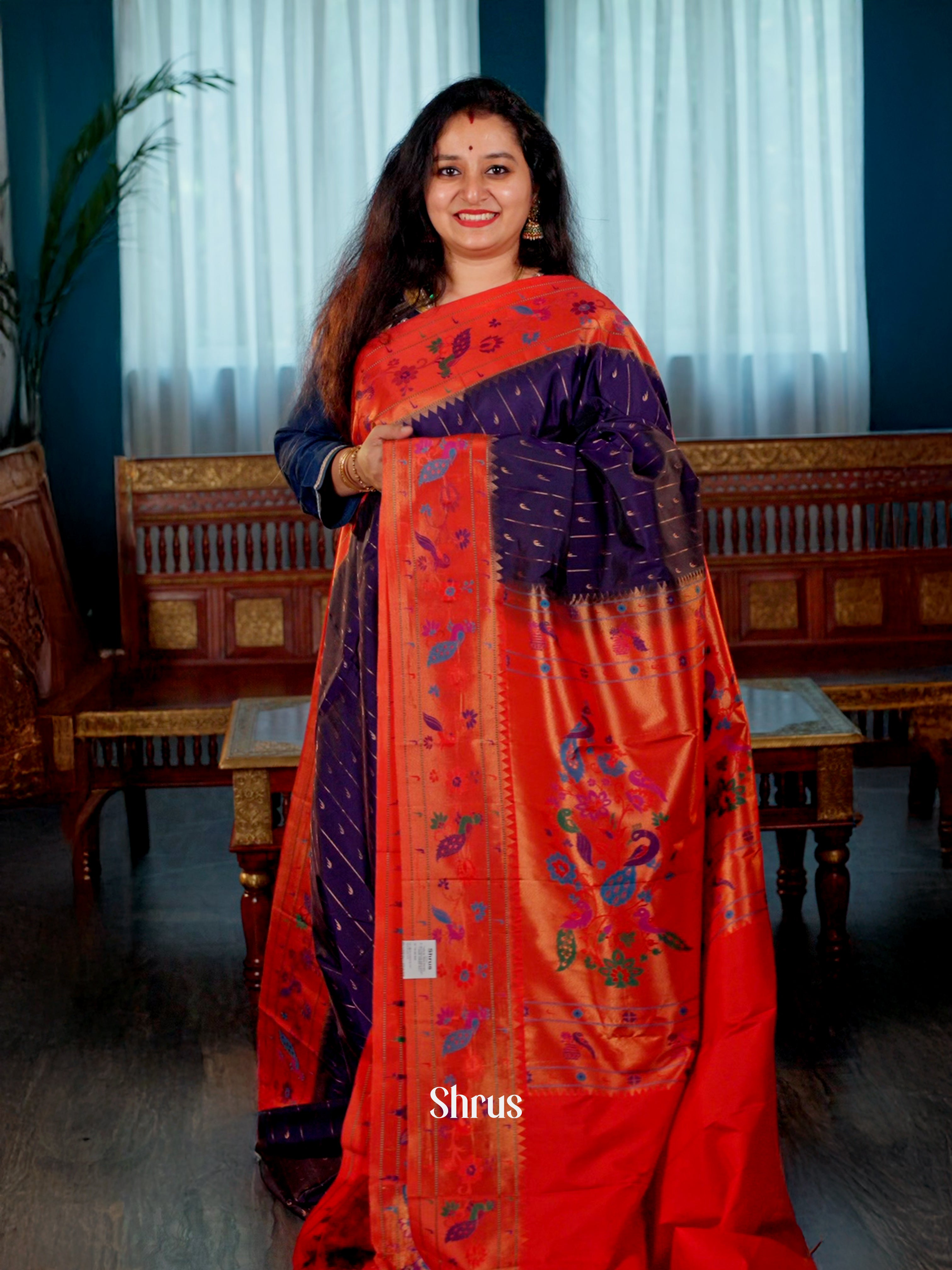 Violet & Red- Gadwal halfpure Saree - Shop on Shrus.com