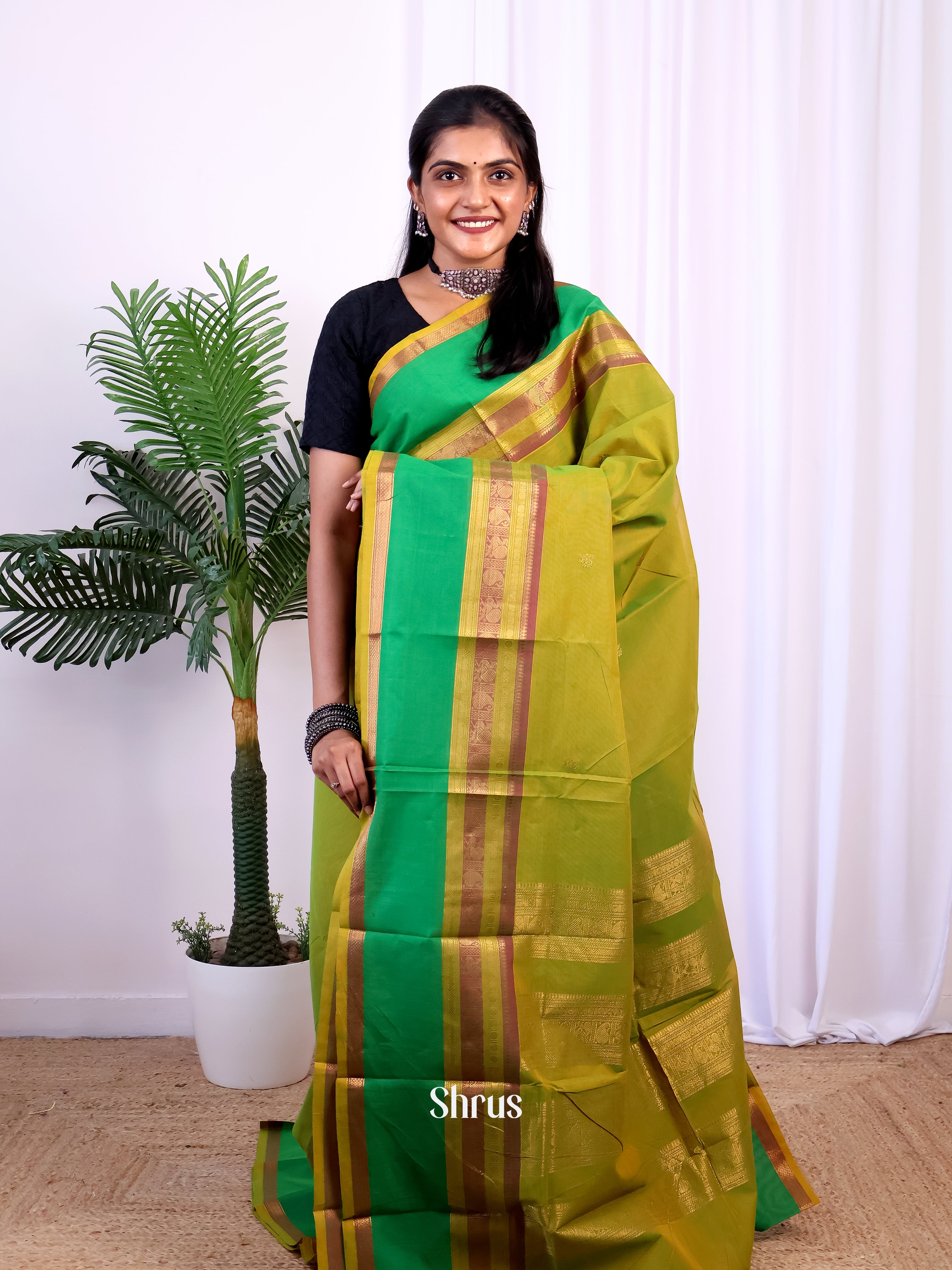 Mustardy green & Green - Chettinad Cotton Saree - Shop on Shrus.com