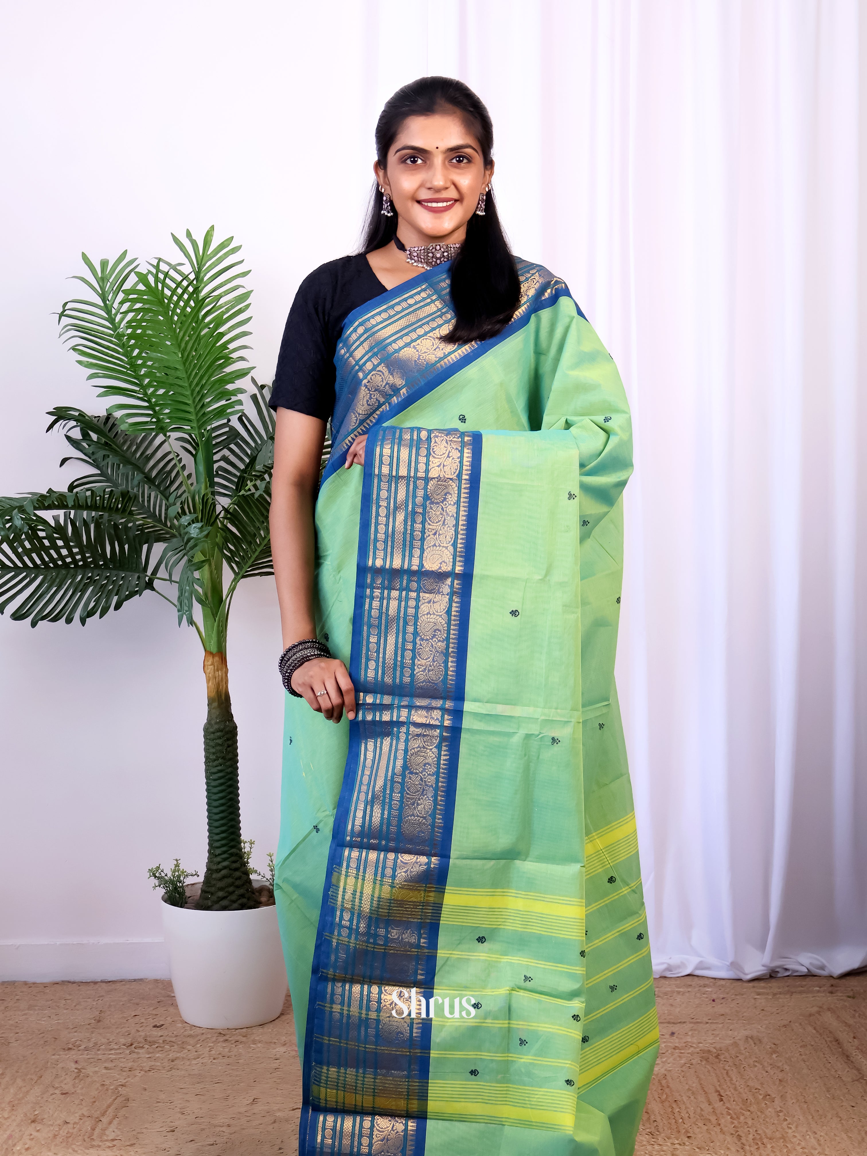 Pista Green & Blue - Chettinad Cotton Saree - Shop on Shrus.com