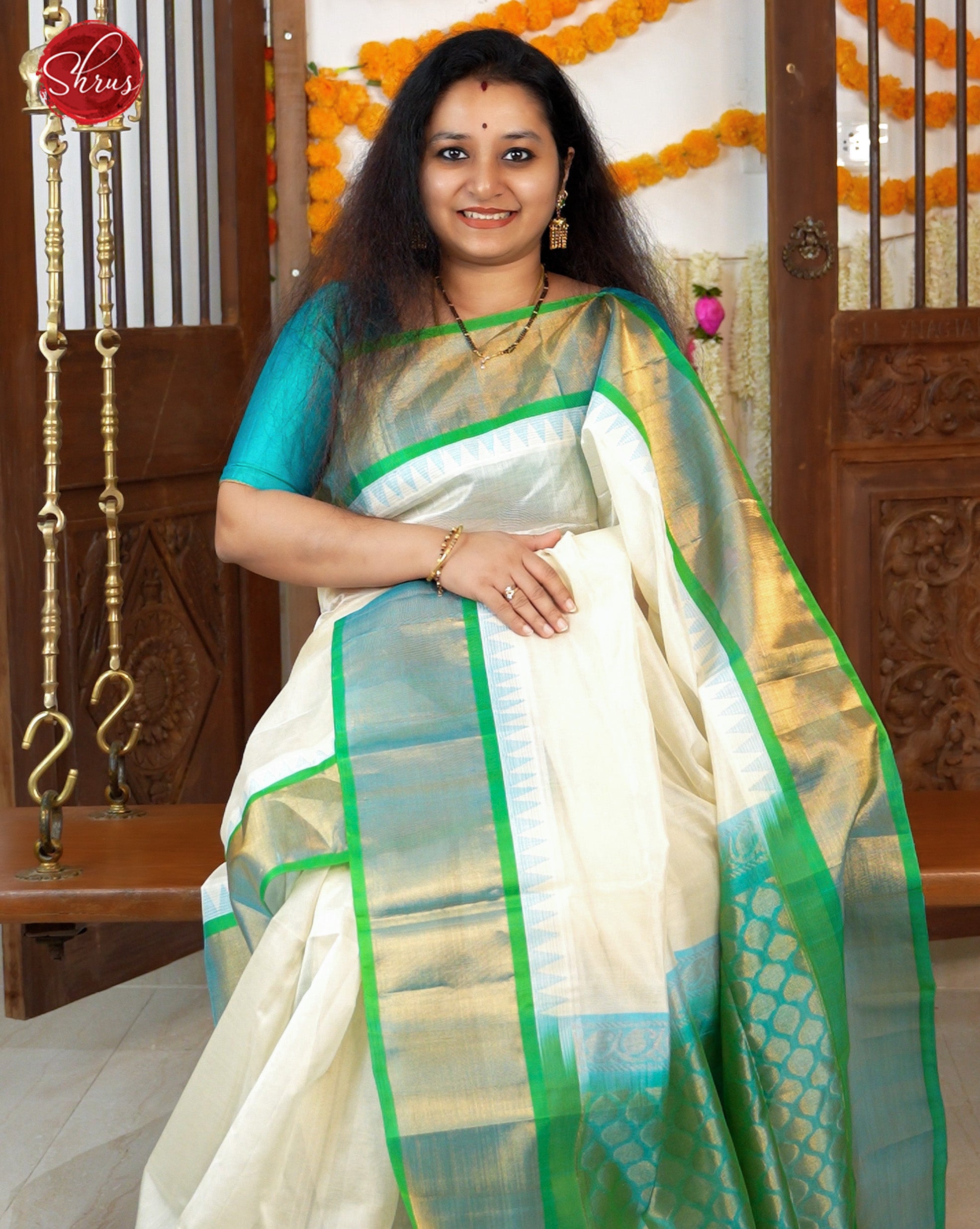 Cream And green - Silk Cotton Saree - Shop on ShrusEternity.com