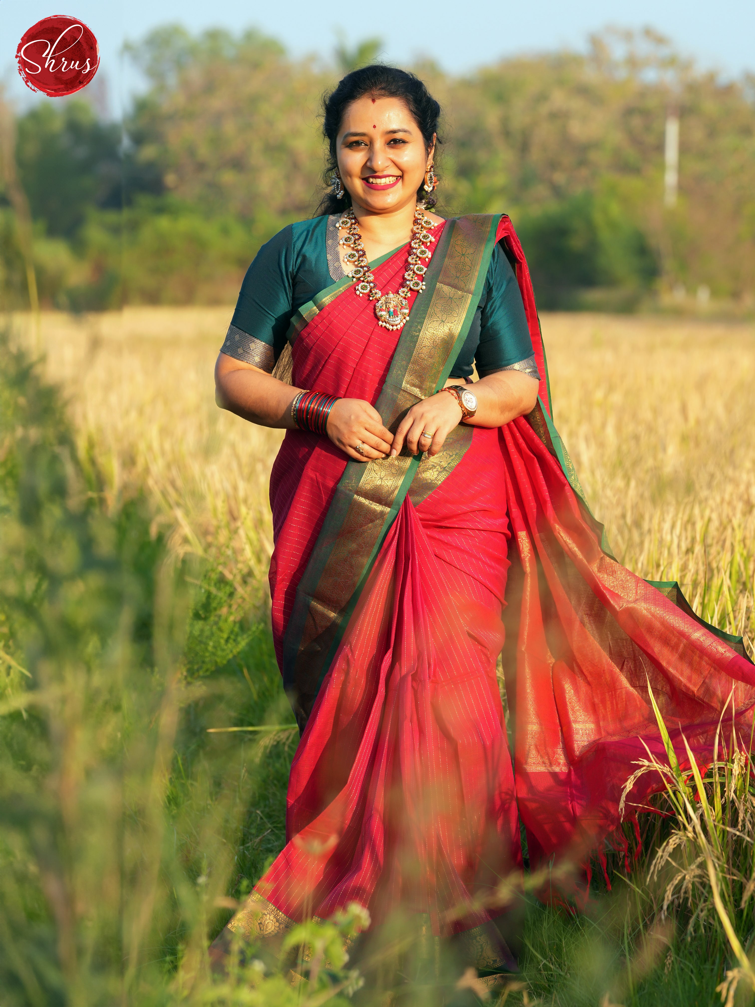 Red & Green - Kanchi Cotton Saree - Shop on ShrusEternity.com