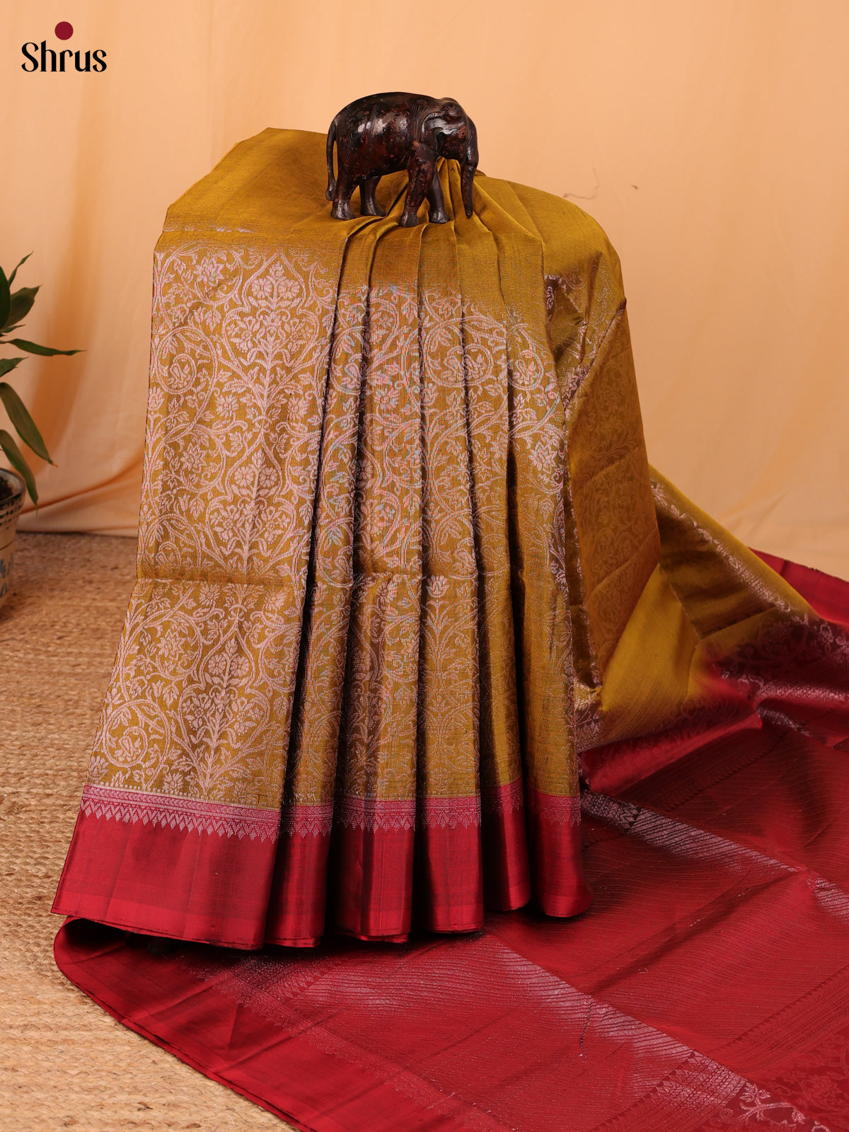 Dark Mustard & Maroon - Soft Silk Saree - Shop on Shrus.com