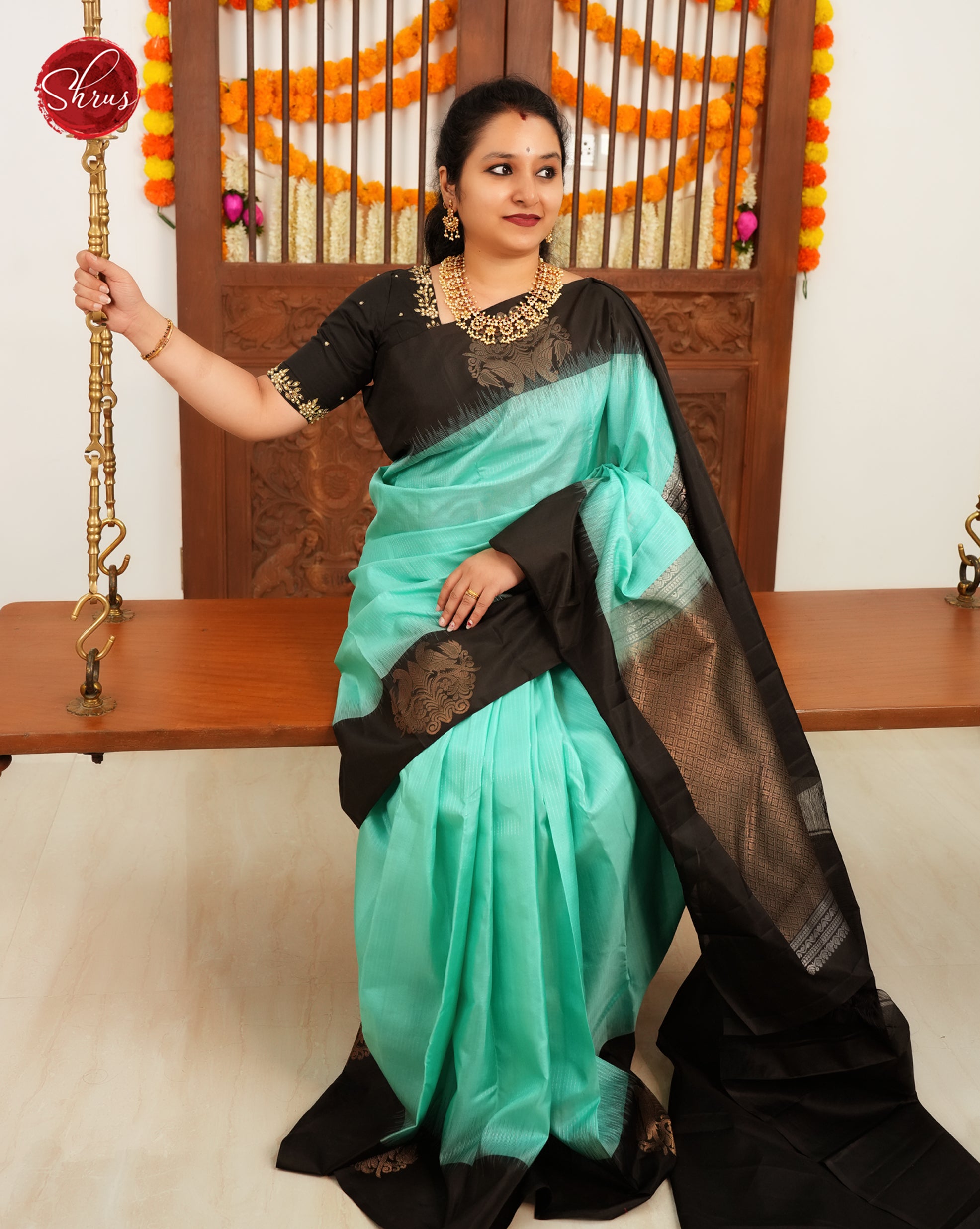 Teal Green & Black - Soft Silk Saree - Shop on ShrusEternity.com