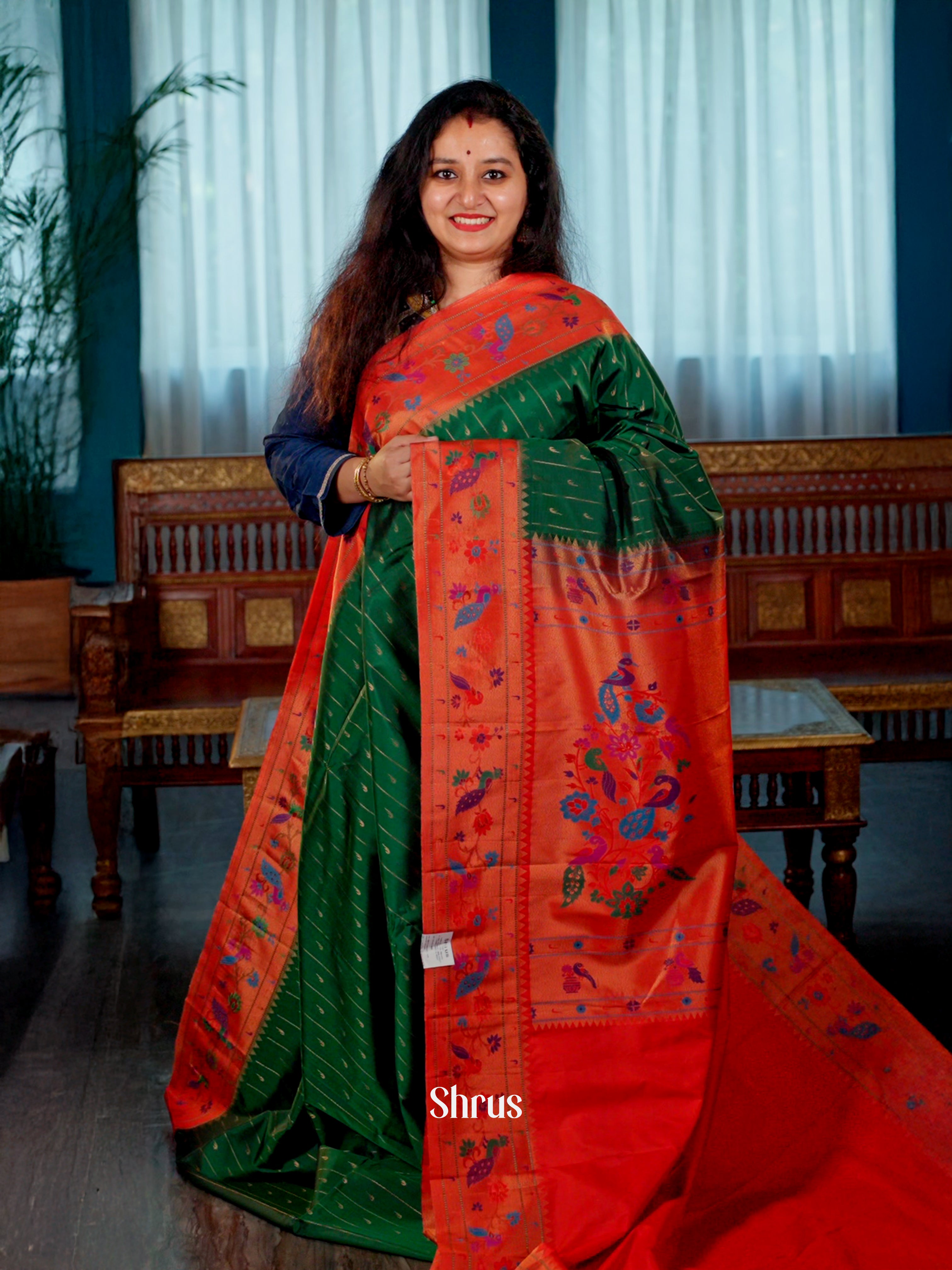 Green & Red - Gadwal halfpure Saree - Shop on Shrus.com