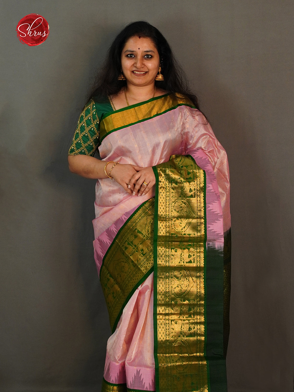 Baby Pink And Green- Silk Cotton Saree - Shop on ShrusEternity.com