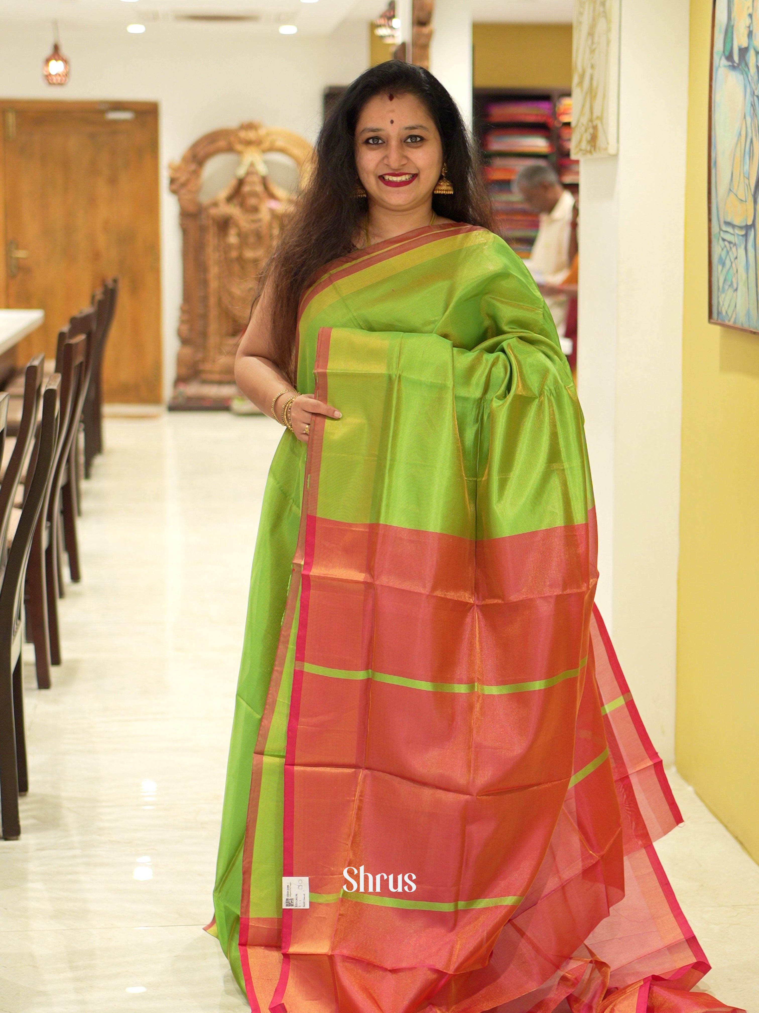 Green & Pink - Semi Tissue Saree - Shop on ShrusEternity.com