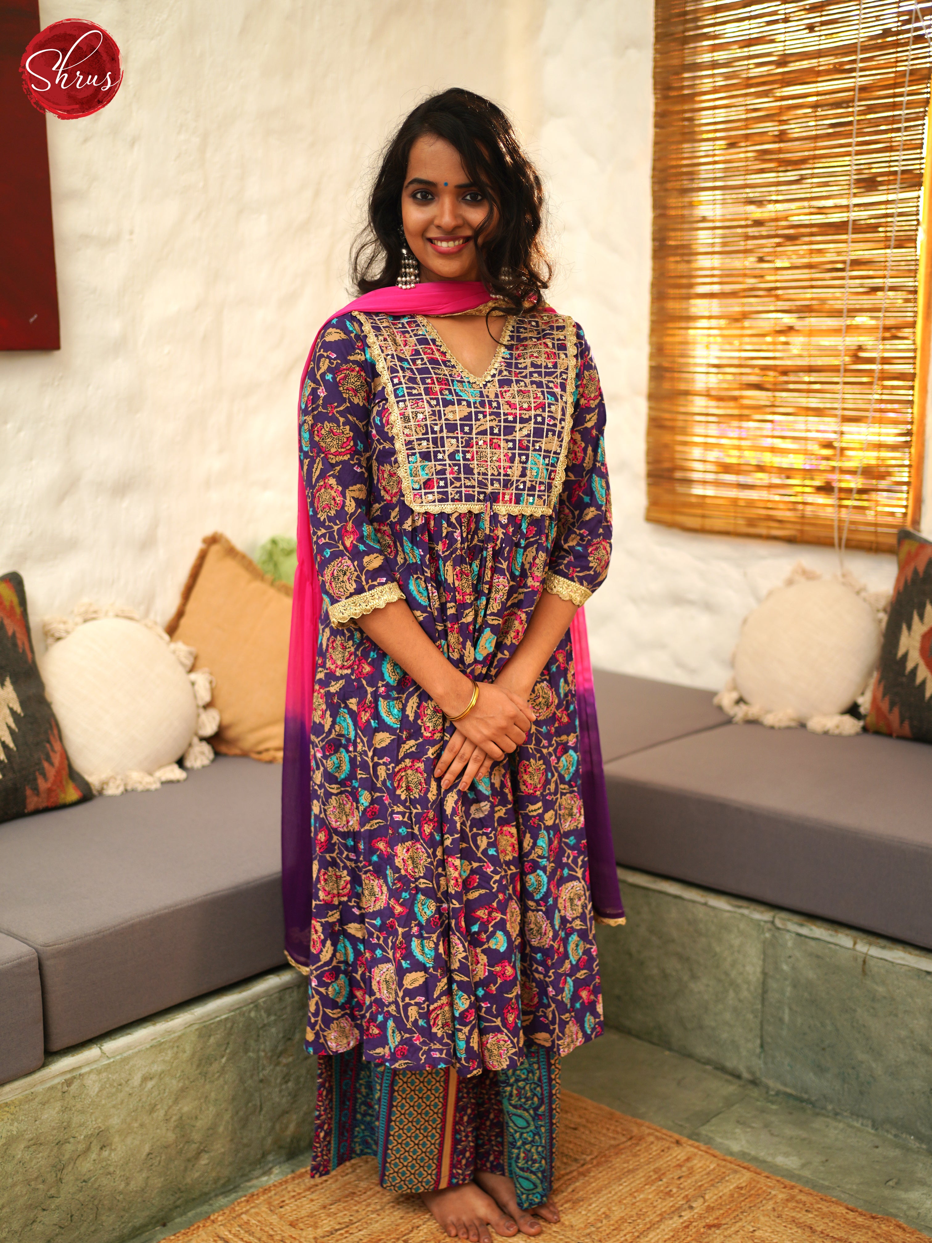 Blue -anarkali printed 3pc Readymade Salwar Suits - Shop on ShrusEternity.com