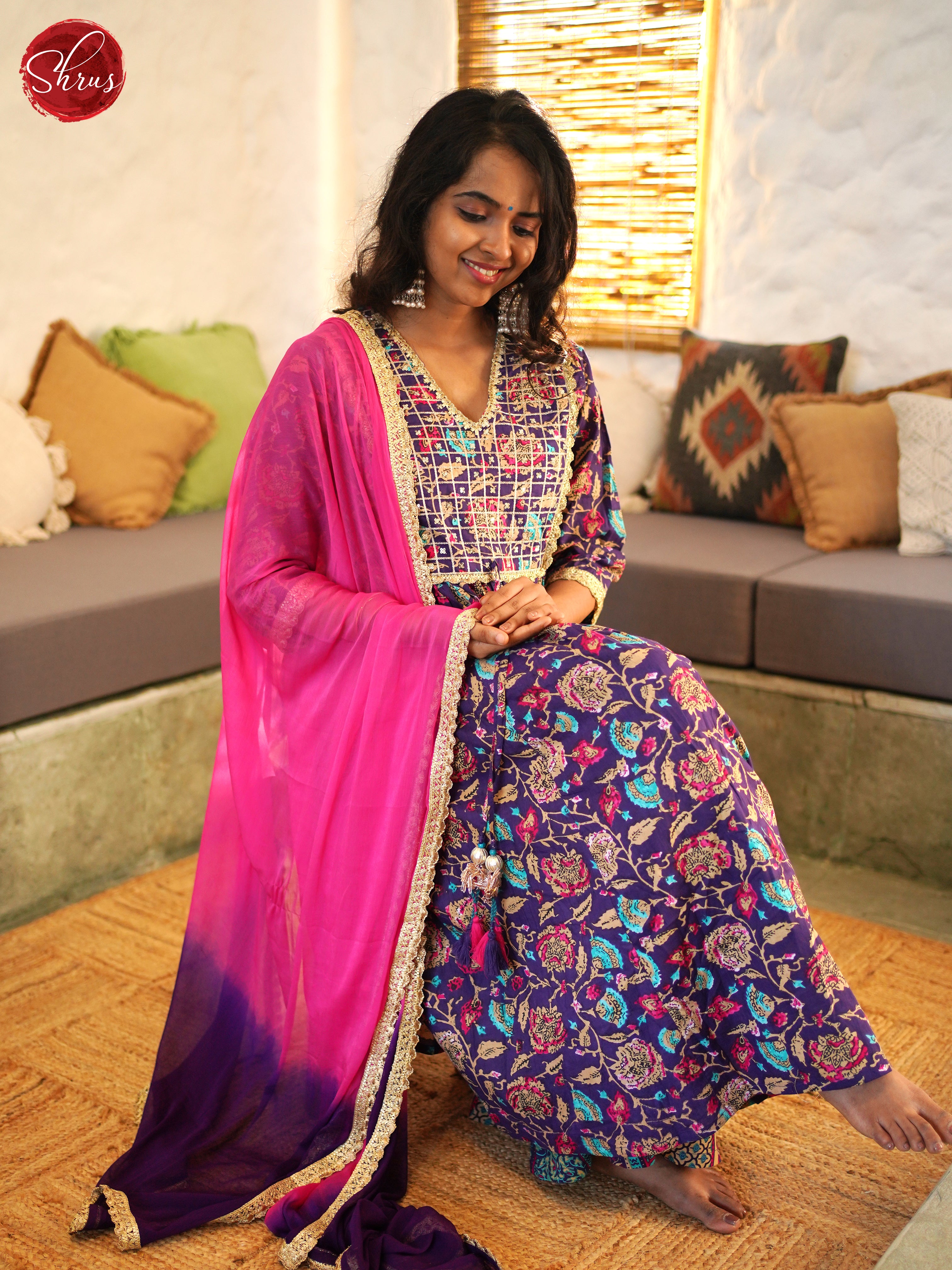 Blue -anarkali printed 3pc Readymade Salwar Suits - Shop on ShrusEternity.com