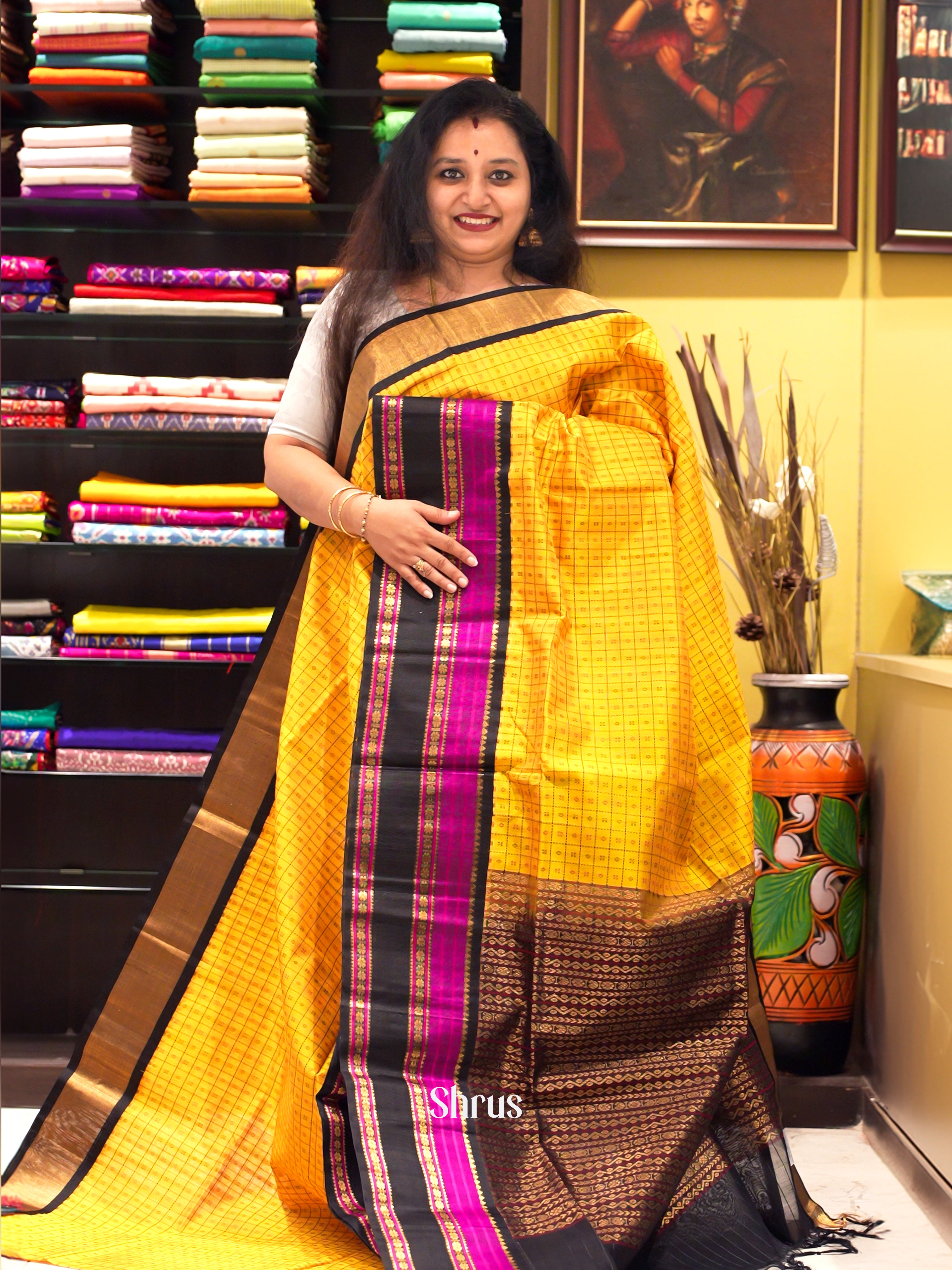 Yellow & Black - Silk Cotton Saree - Shop on ShrusEternity.com