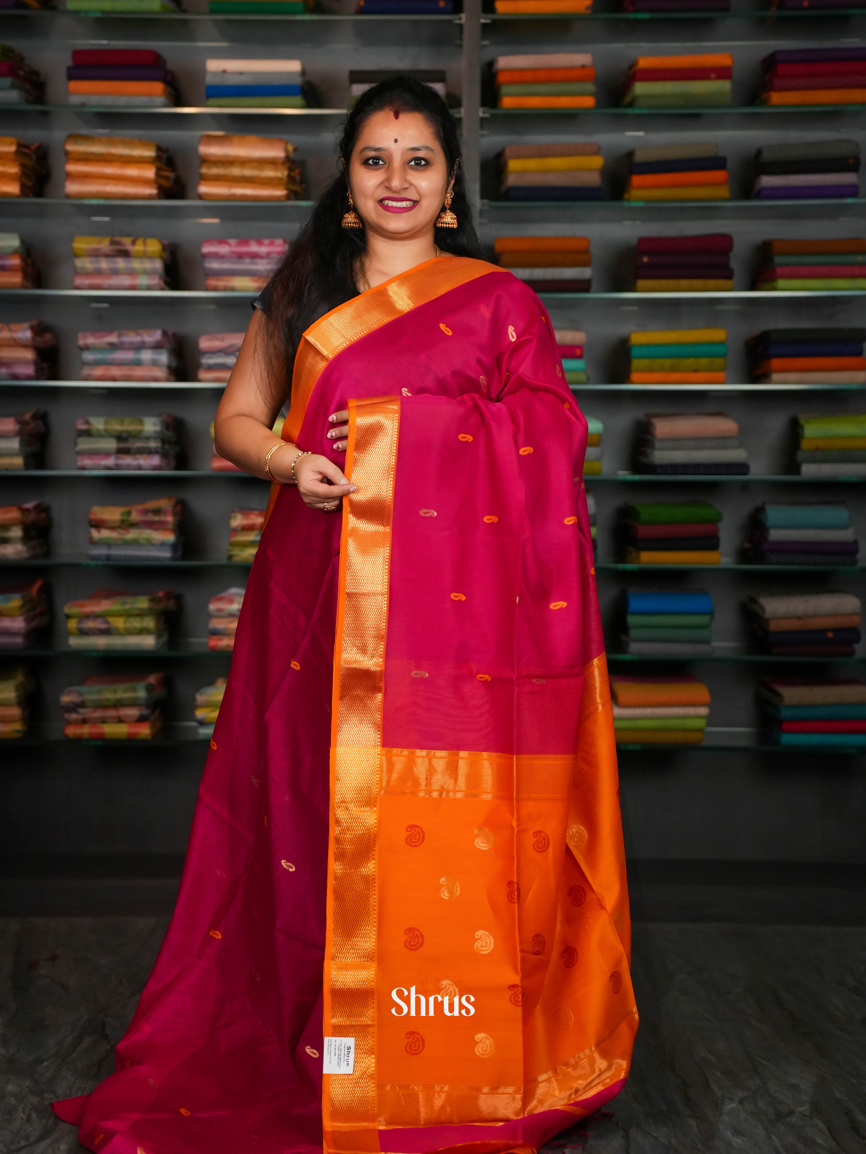 Pink Orange Maheshwari silkcotton Saree - Shop on ShrusEternity.com