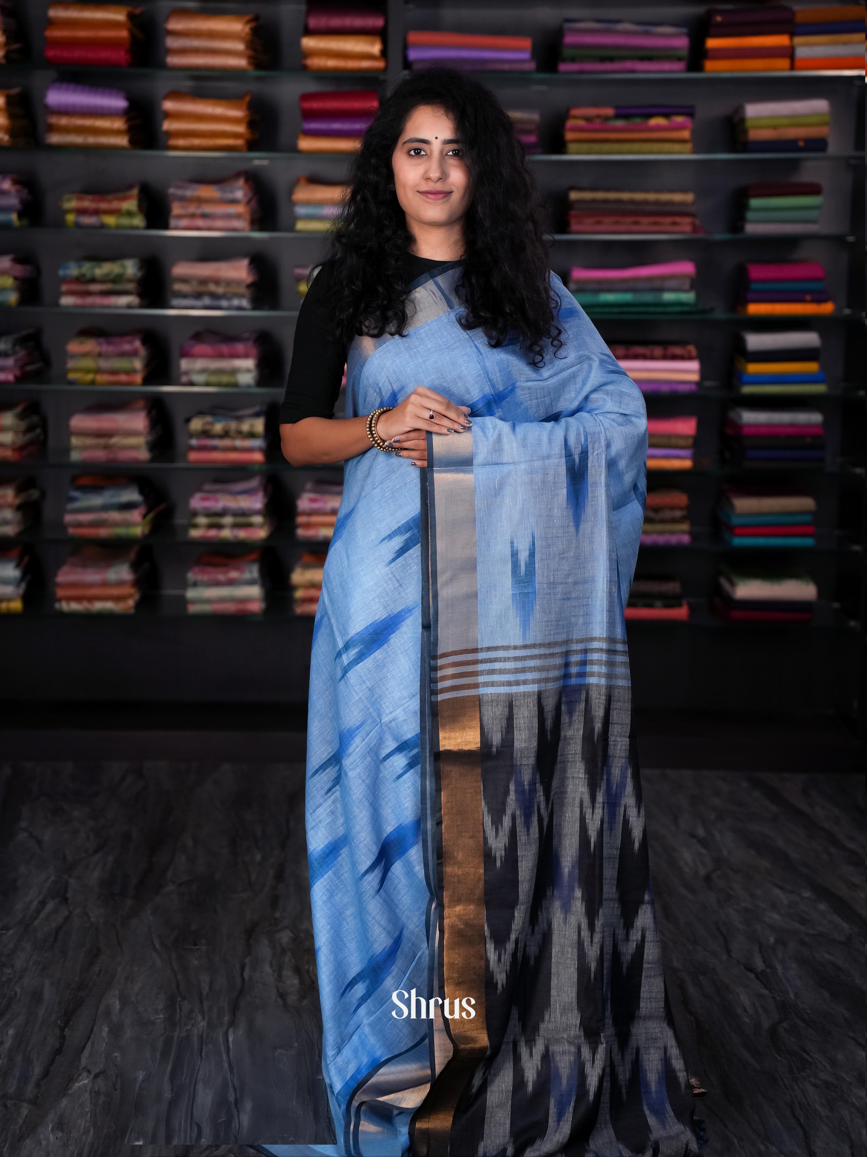 Blue & Grey - Semi Ikkat Saree - Shop on ShrusEternity.com