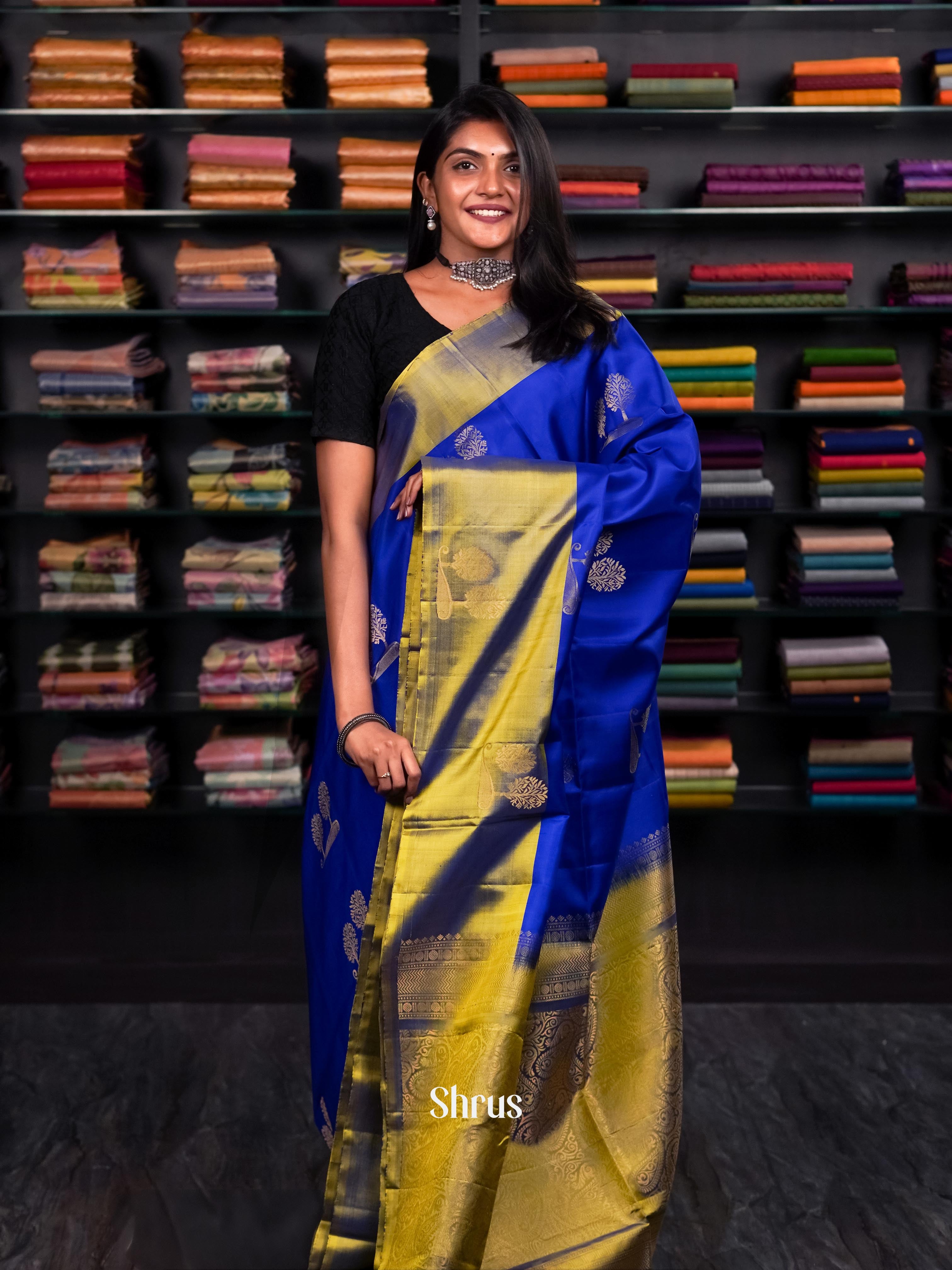 Royal Blue & Fenugreek Gold - Soft Silk Saree - Shop on ShrusEternity.com