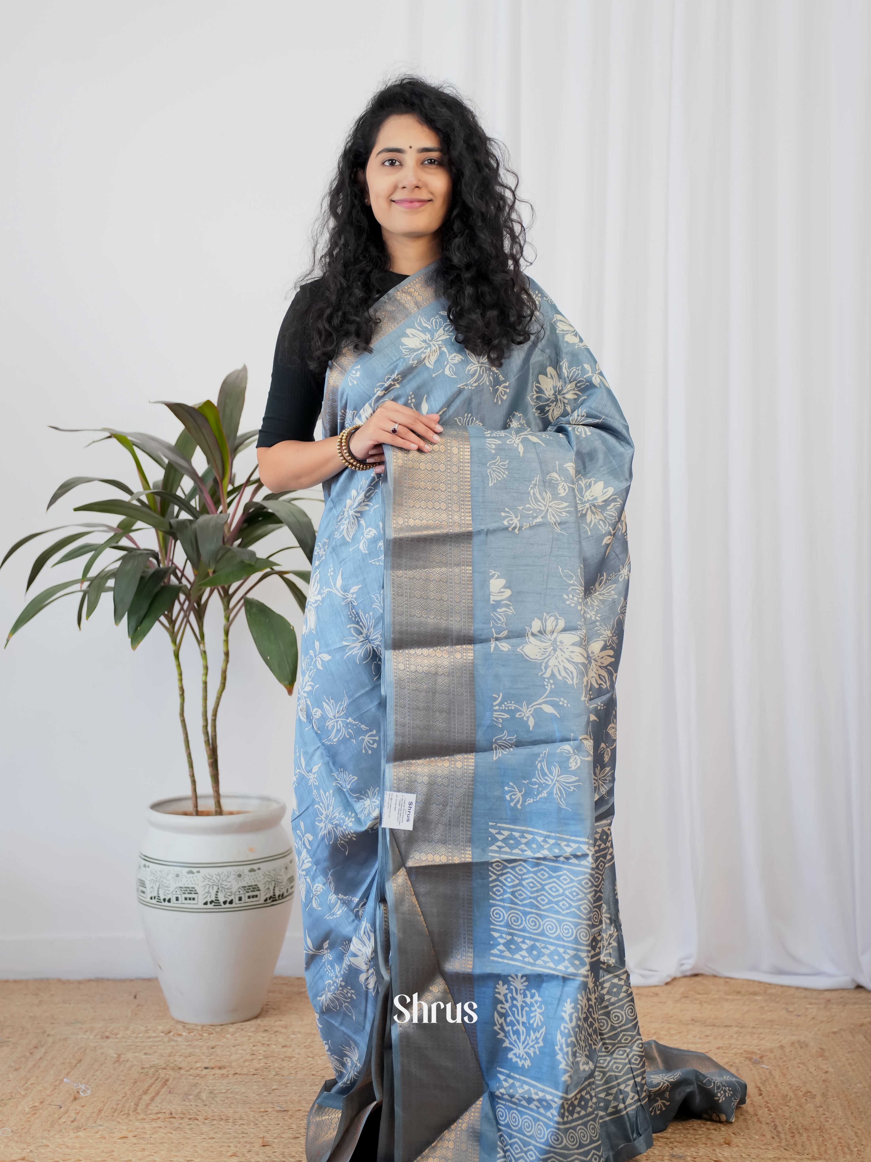 Lite Blue - Semi Crepe Saree - Shop on Shrus.com