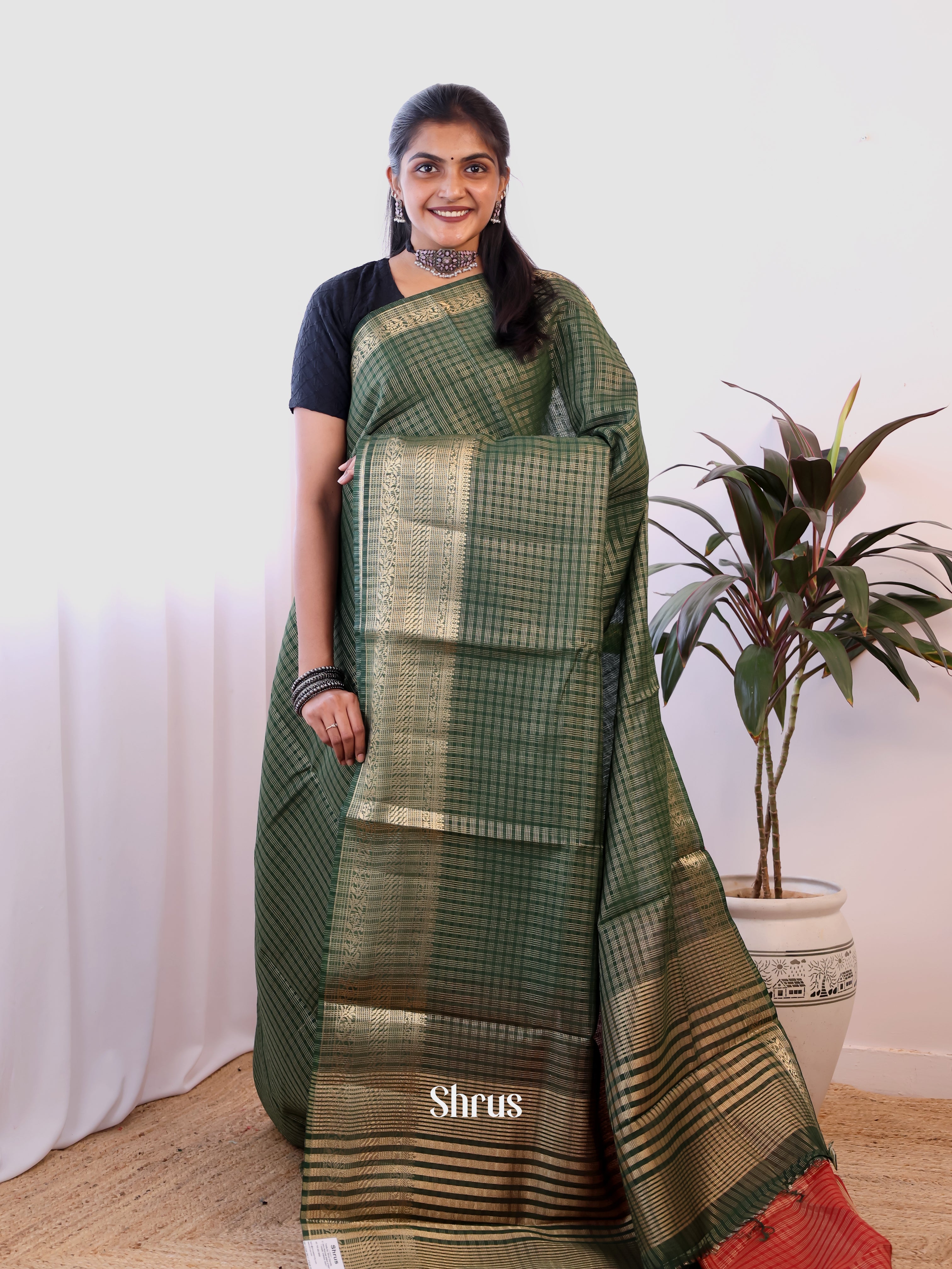 Green & Red - Semi Dupion Saree - Shop on Shrus.com