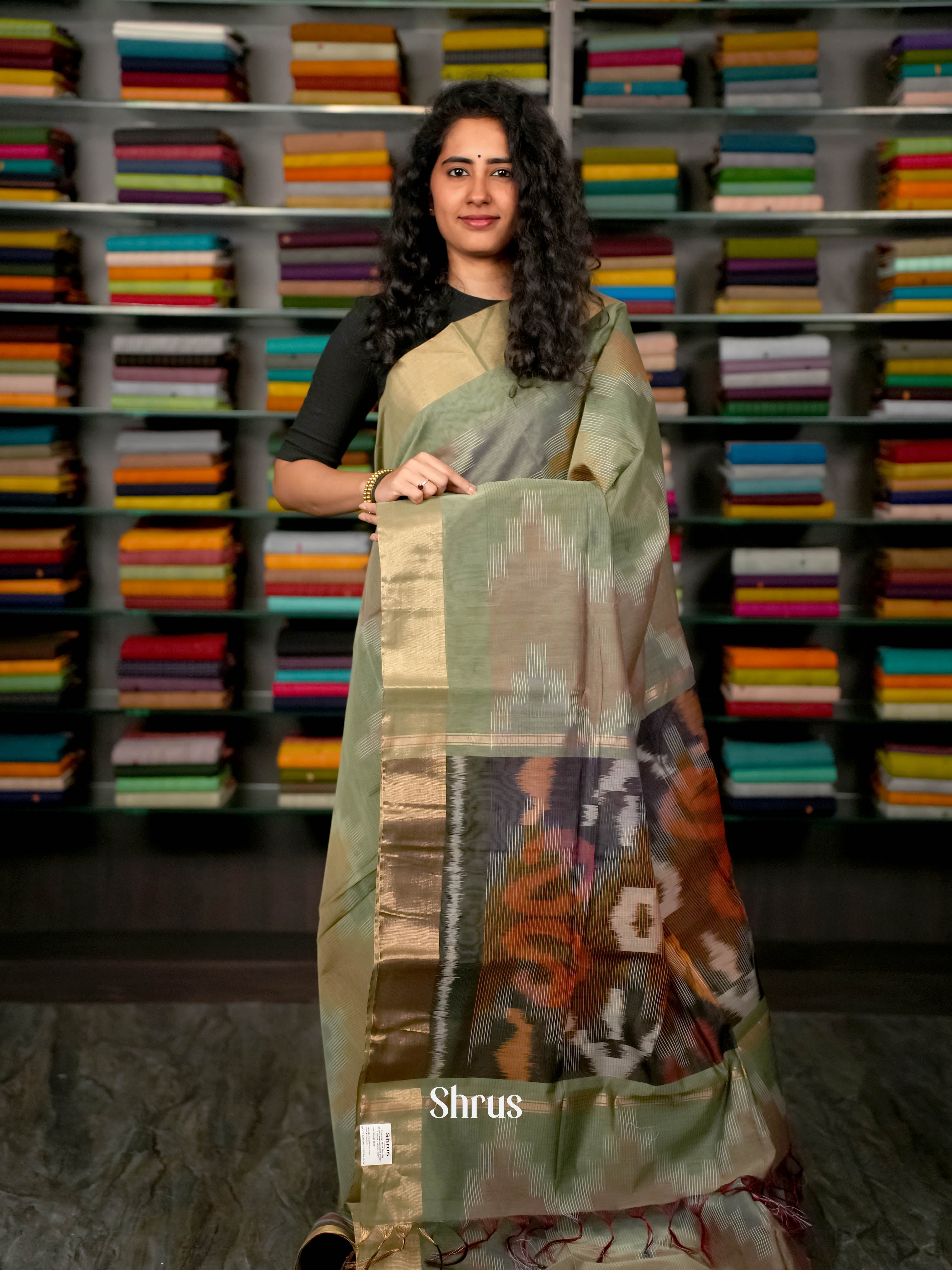 Greyish Green - Ikkat Kora Saree - Shop on ShrusEternity.com