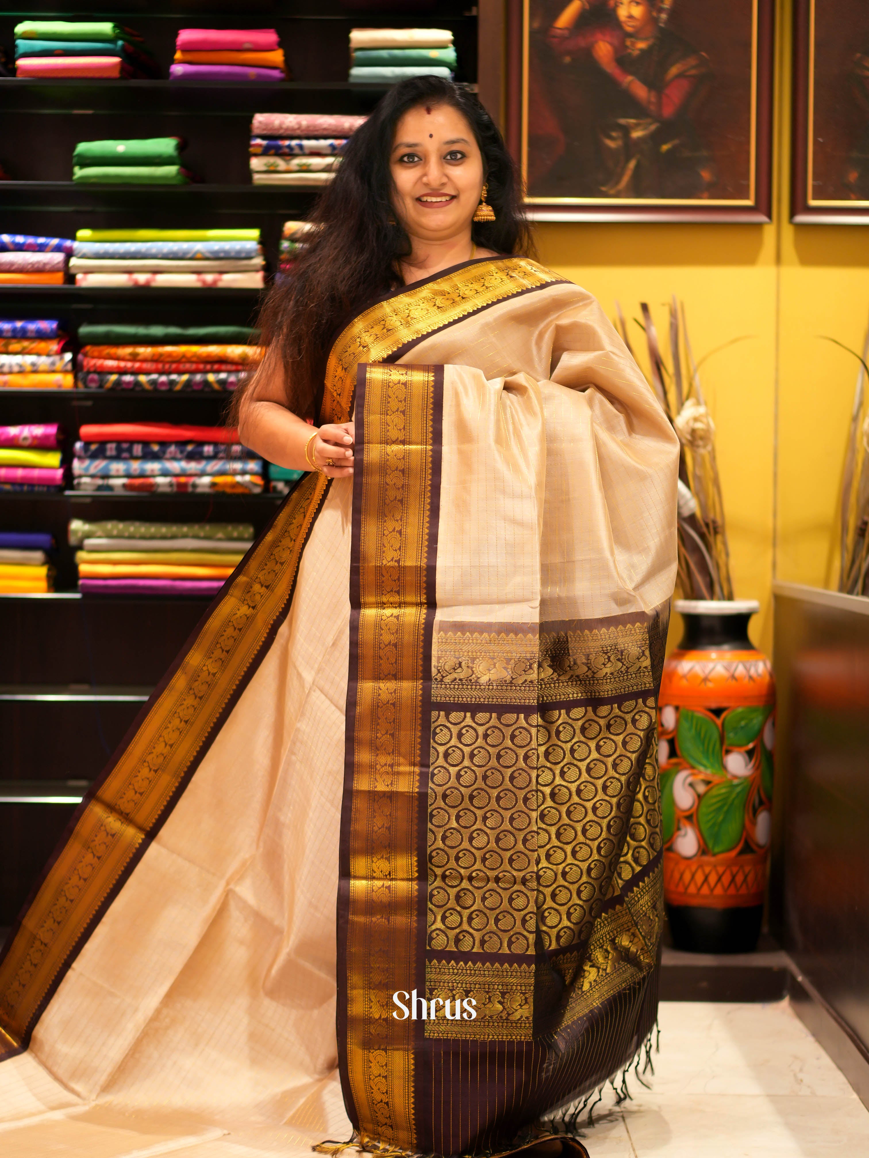 Beige & Brown - Silk Cotton Saree - Shop on ShrusEternity.com