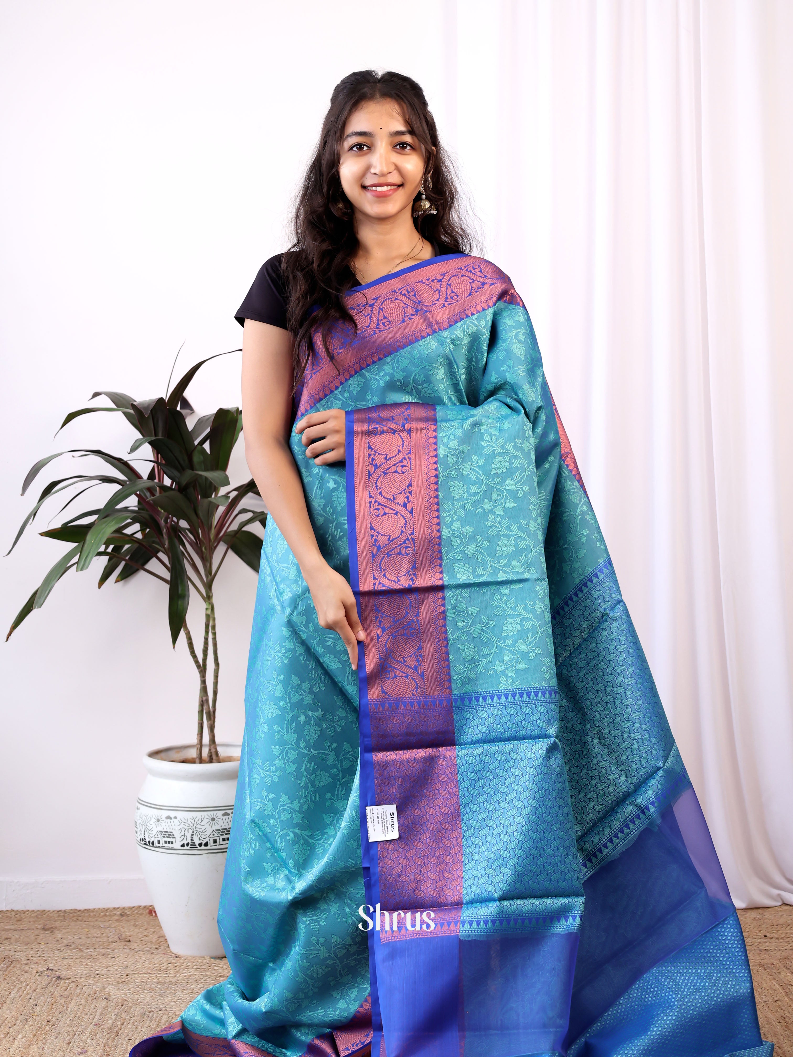 Teal & Blue - Tanchoi Saree - Shop on Shrus.com