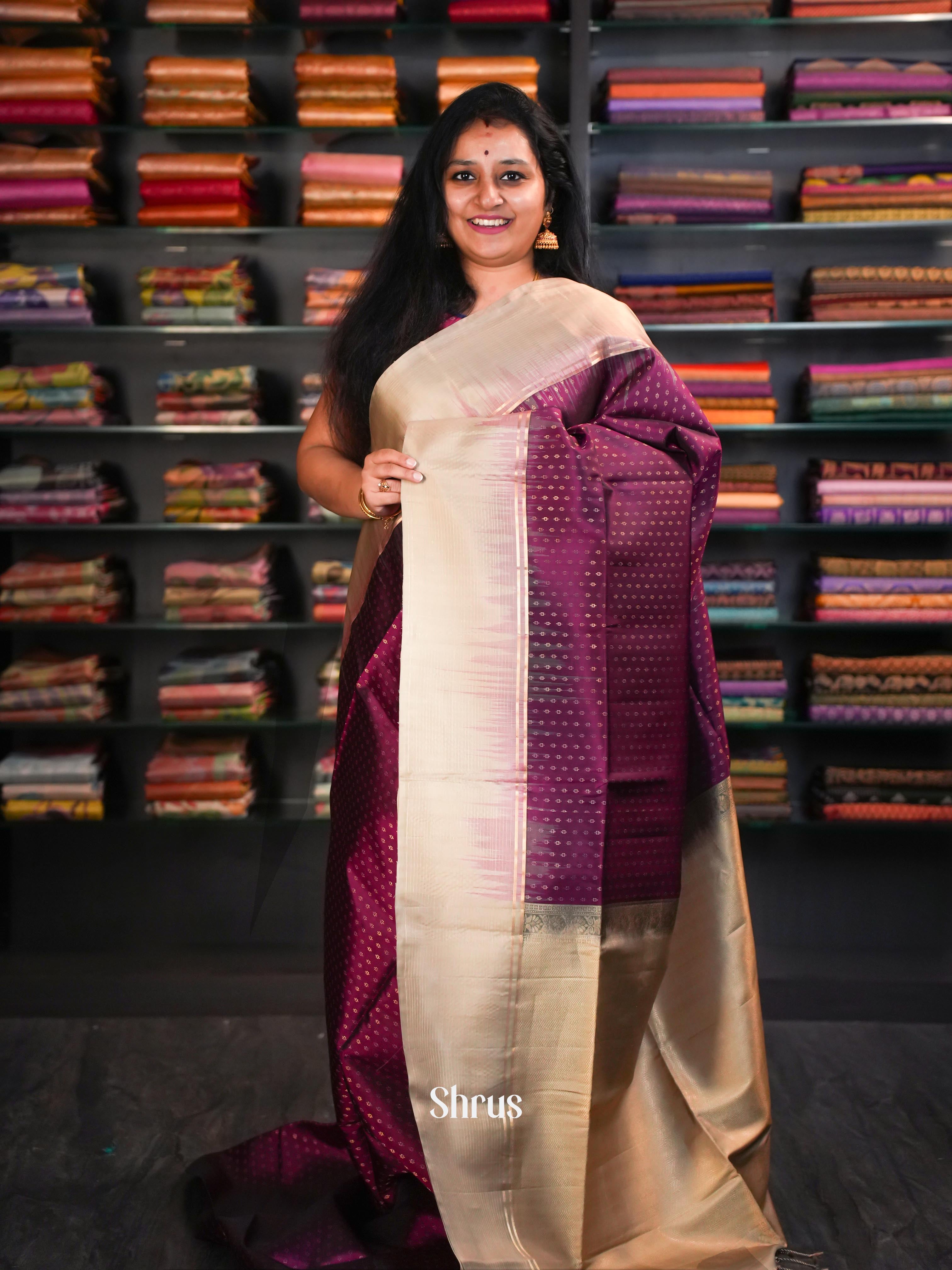 Beige & Pinkish Maroon - Soft Silk Saree - Shop on ShrusEternity.com