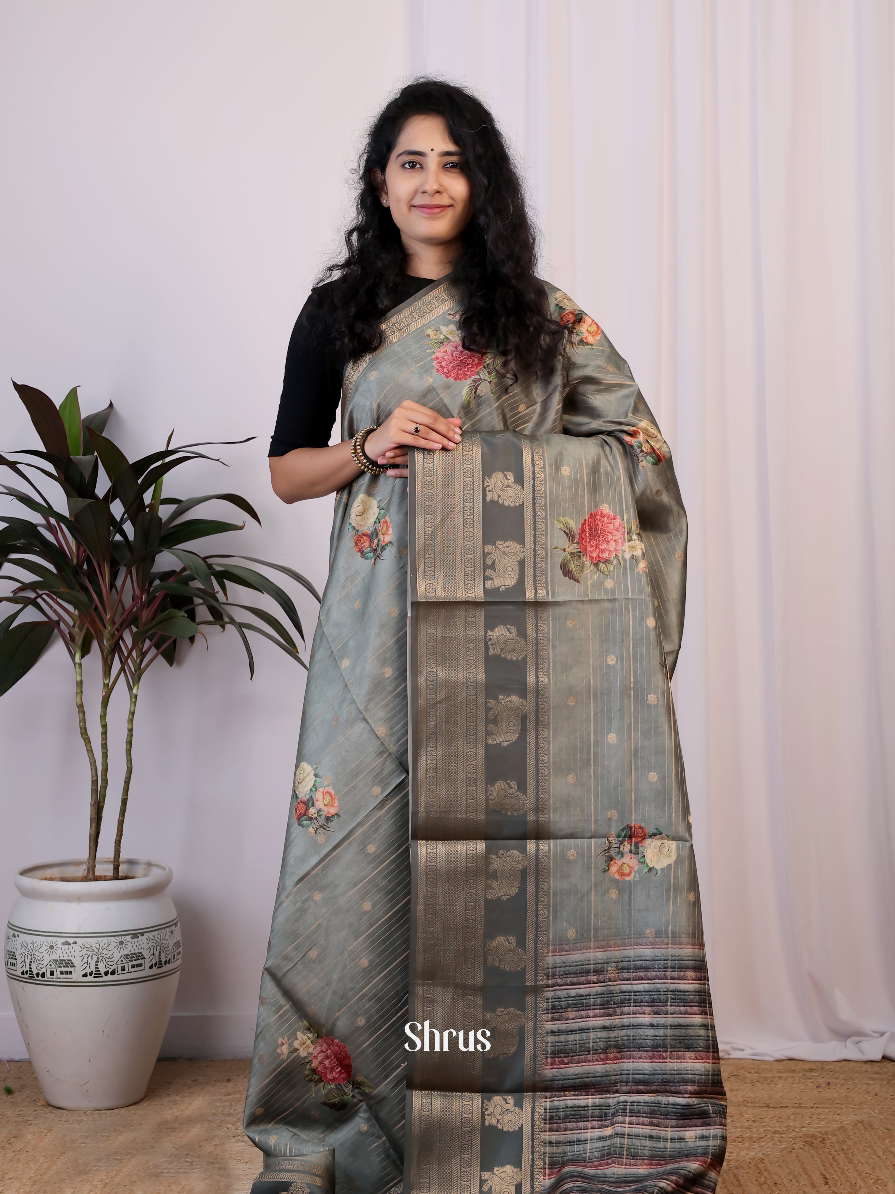 Grey - Printed Semi Tussar Saree - Shop on Shrus.com