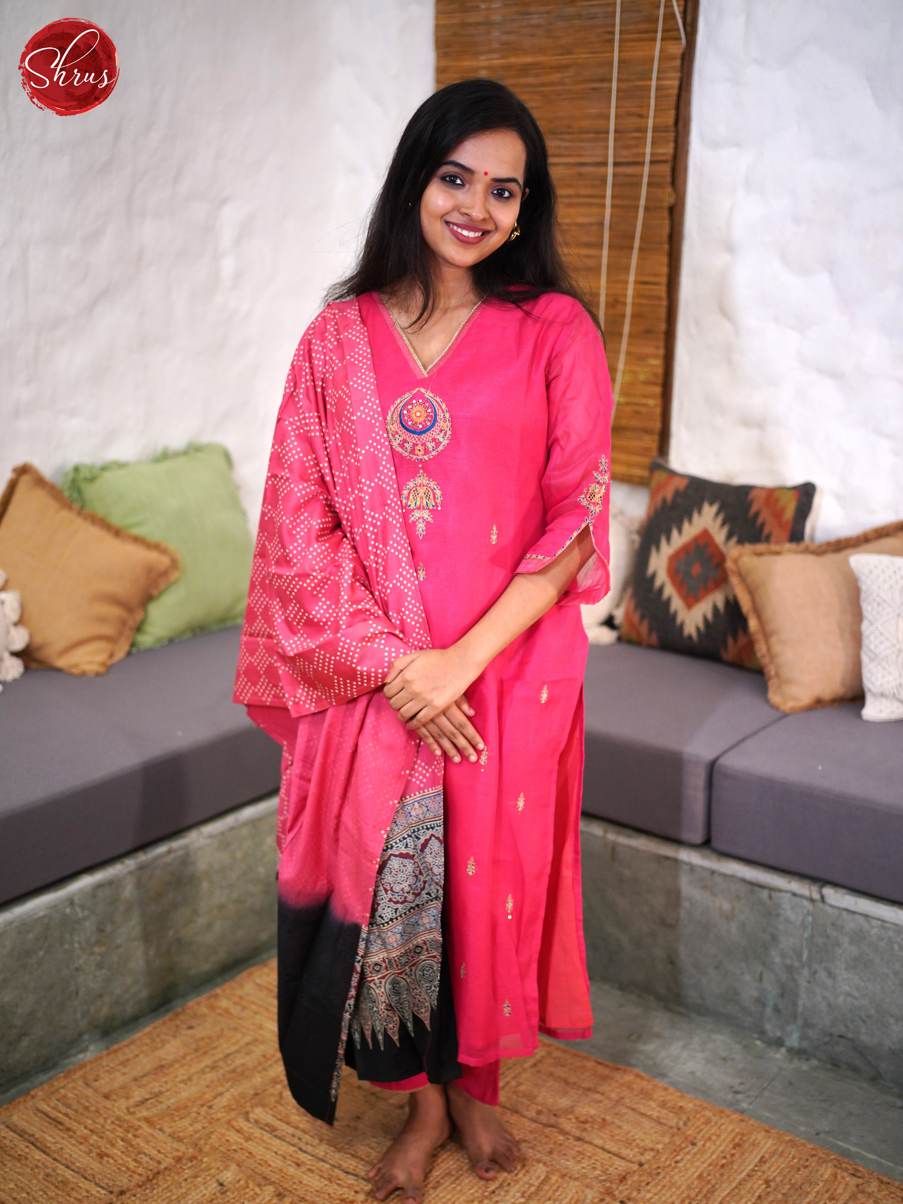 Red - Tussar V-NEck embroidered 3-pc Salwar - Shop on ShrusEternity.com