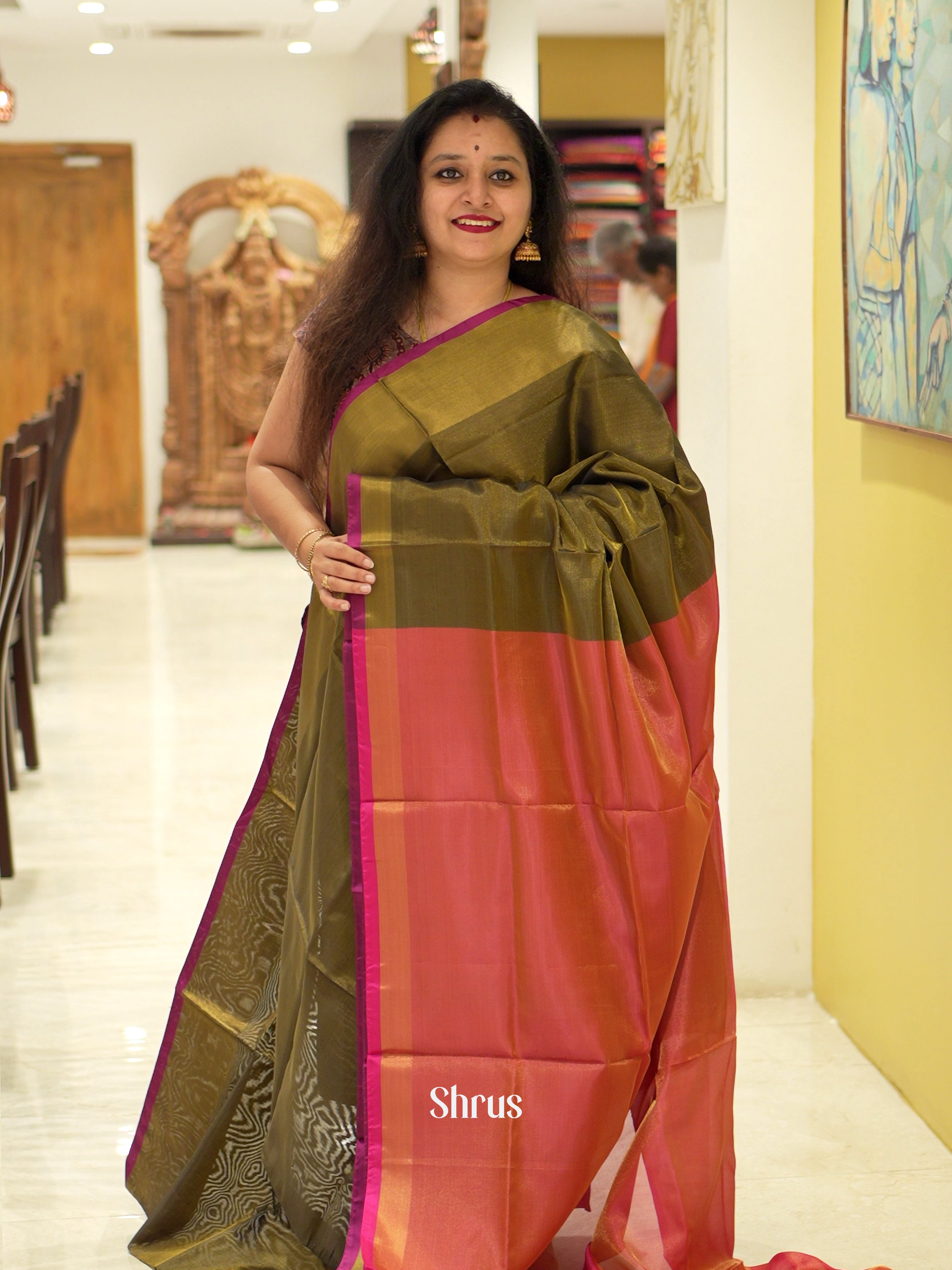 Brown & Orangish Pink - Semi Tissue Saree - Shop on ShrusEternity.com