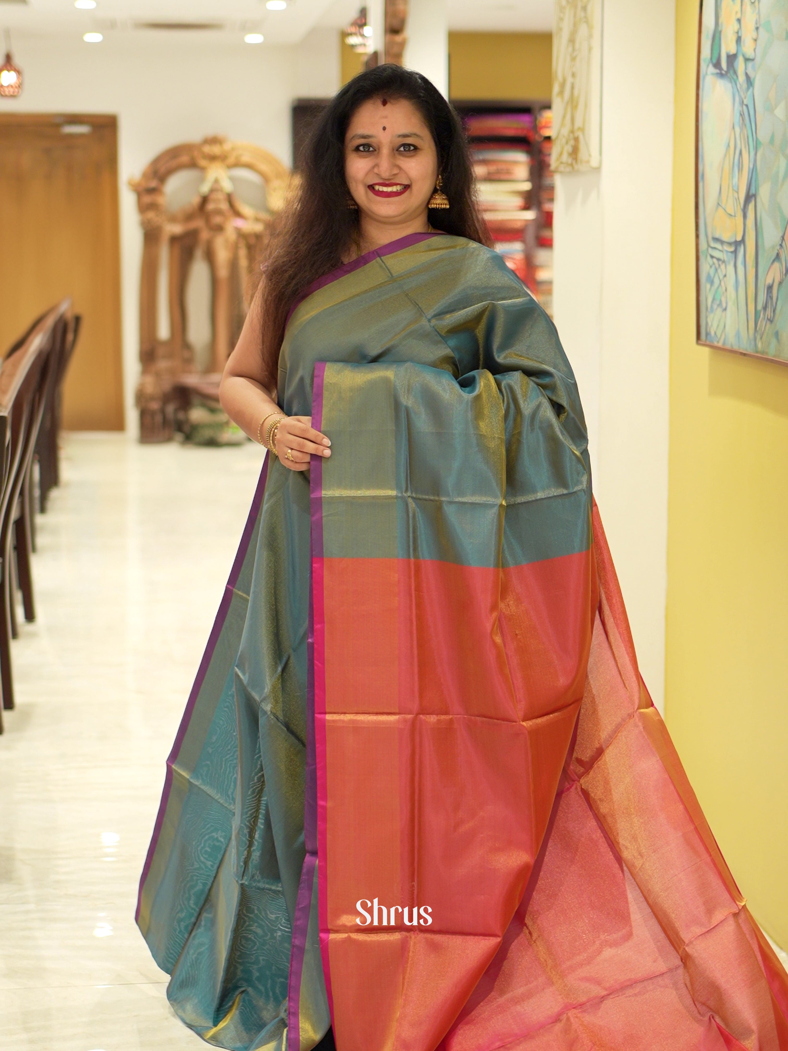 green & Pink - Semi Tissue Saree - Shop on ShrusEternity.com