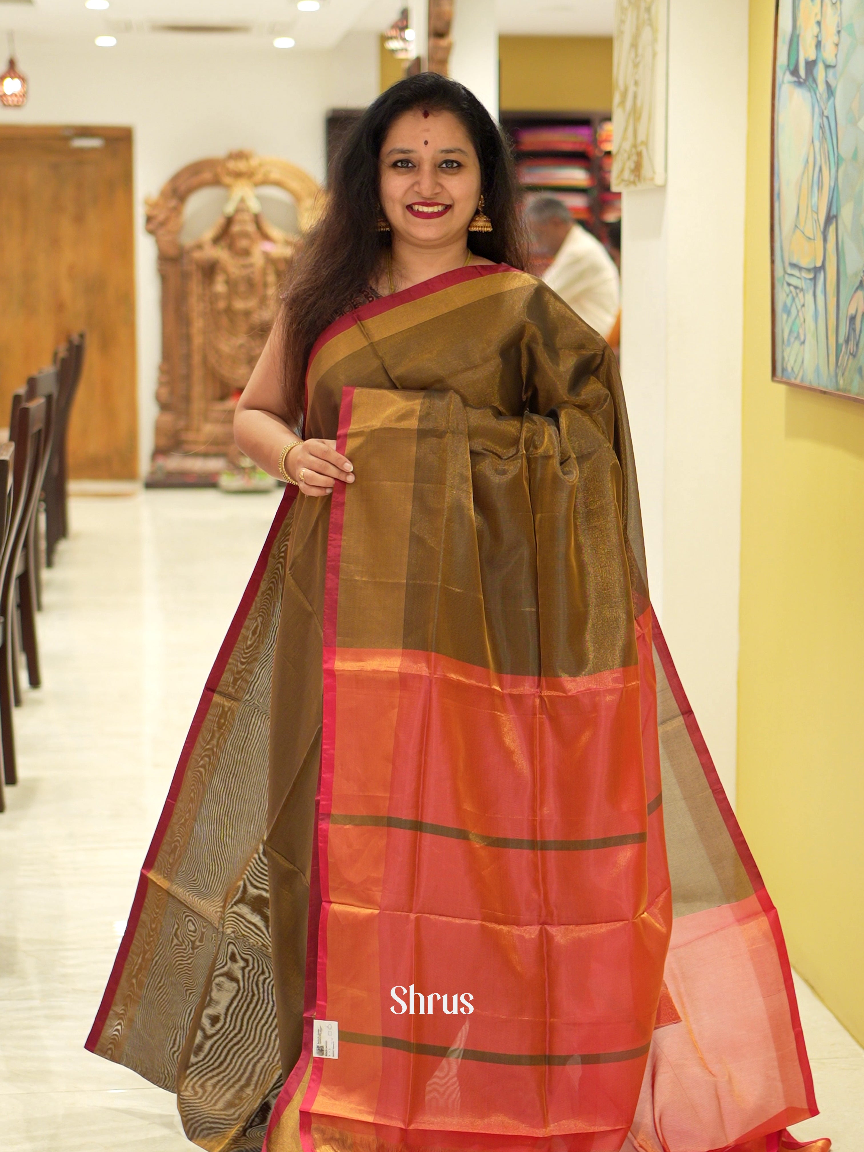 Green & Orangish Pink - Semi Tissue Saree - Shop on ShrusEternity.com