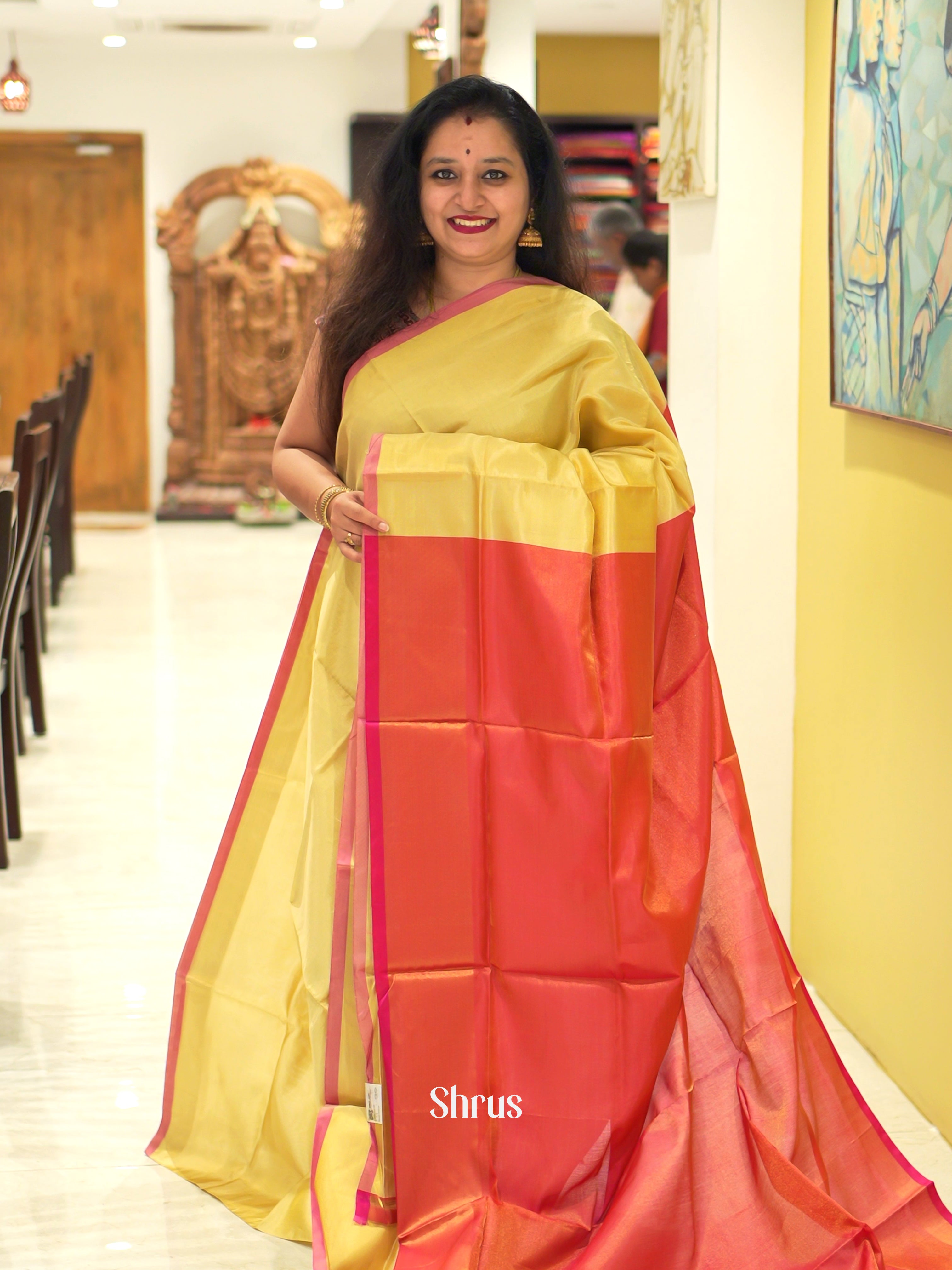 Dull gold and Orangish pink - Semi Tissue Saree - Shop on ShrusEternity.com