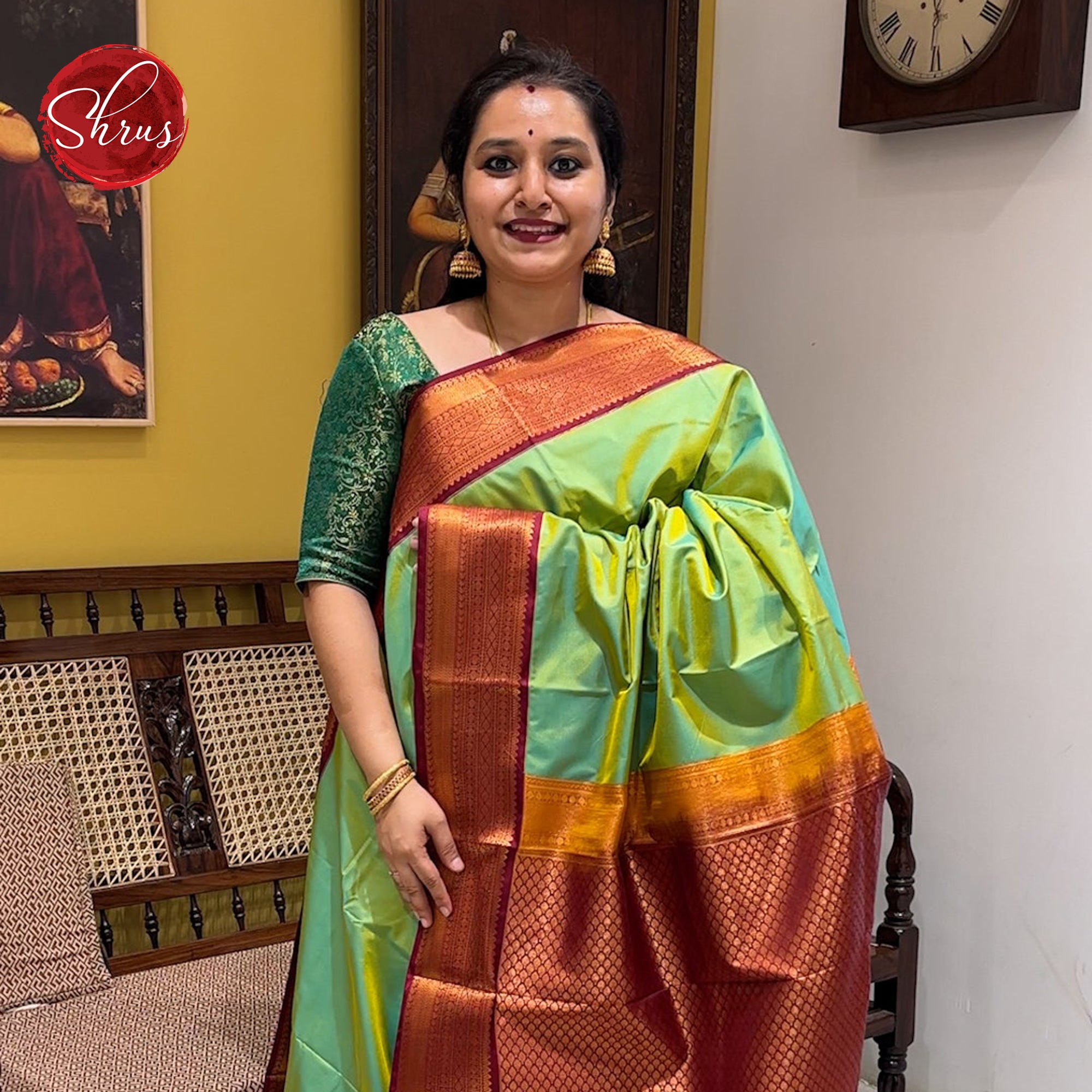 Green and Maroon - Semi Kanchipuram Saree - Shop on ShrusEternity.com