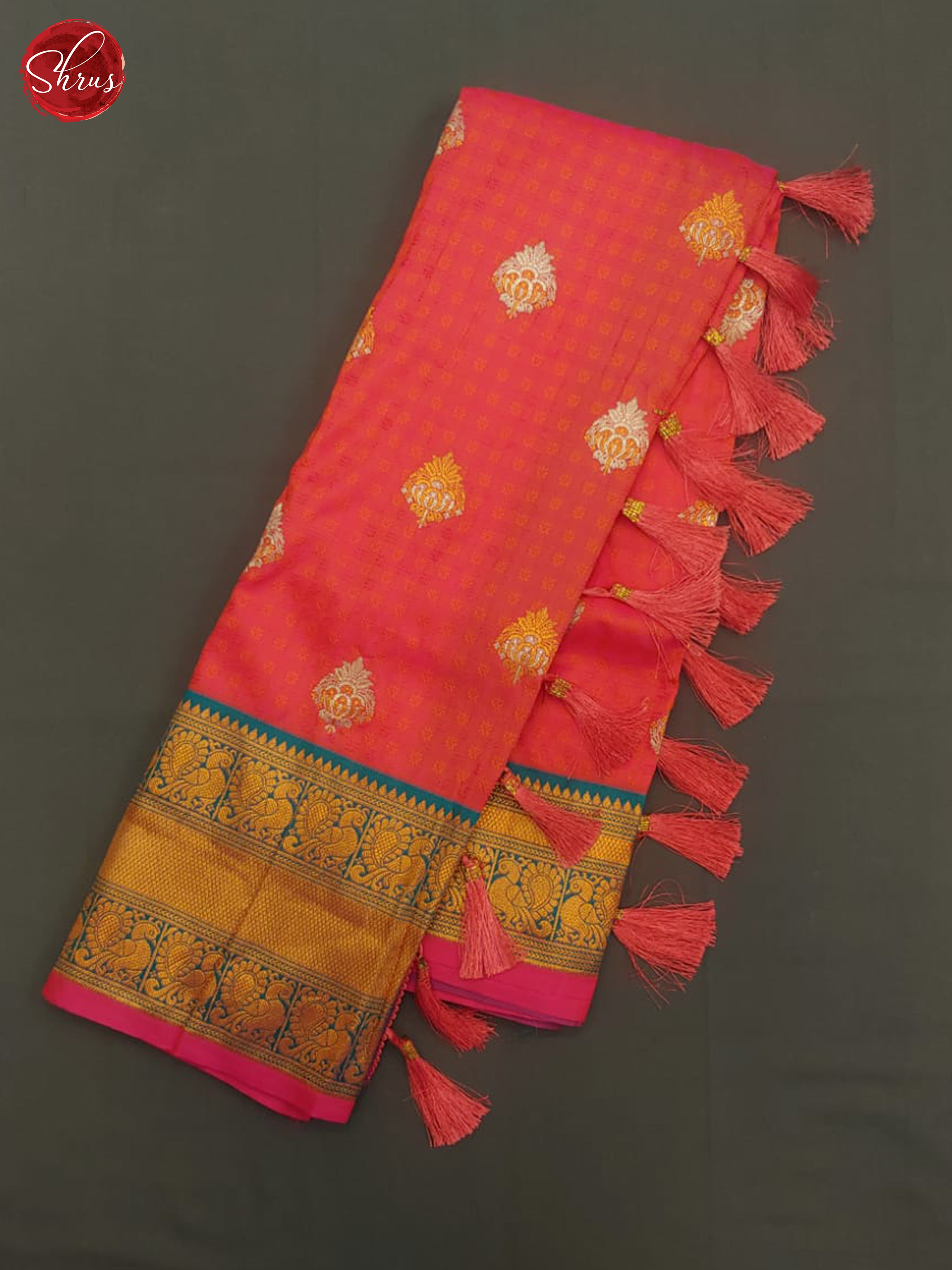 Orangish Pink & Blue - Semi kanchipuram saree - Shop on ShrusEternity.com